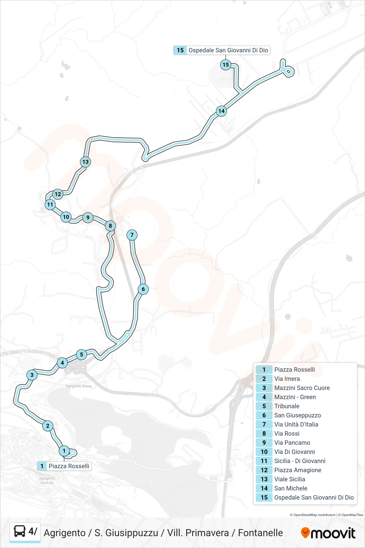Linea 4/ bus (Agrigento / S. Giusippuzzu / Vill. Primavera / Fontanelle) - Percorsi e fermate sulla mappa