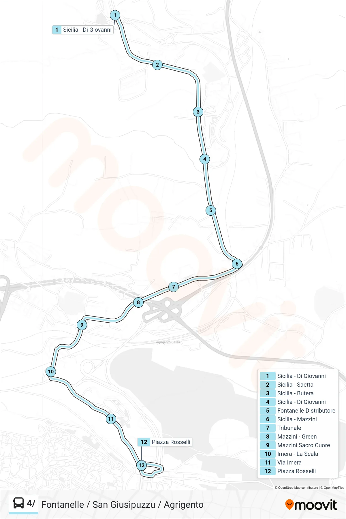 4/ bus Line (Fontanelle via San Giusipuzzu to Agrigento) route and stops on a map