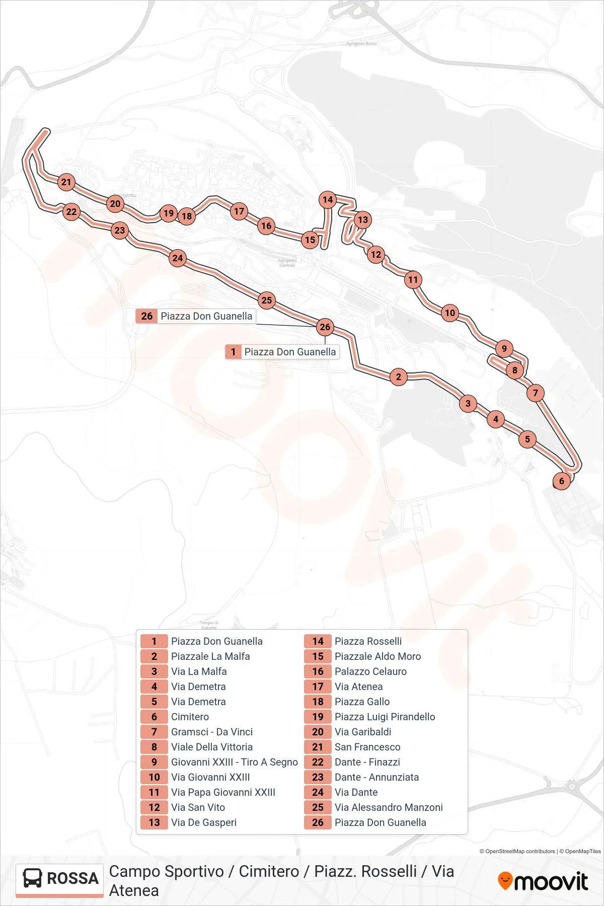 Linea ROSSA bus (Campo Sportivo / Cimitero / Piazz. Rosselli / Via Atenea) - Percorsi e fermate sulla mappa
