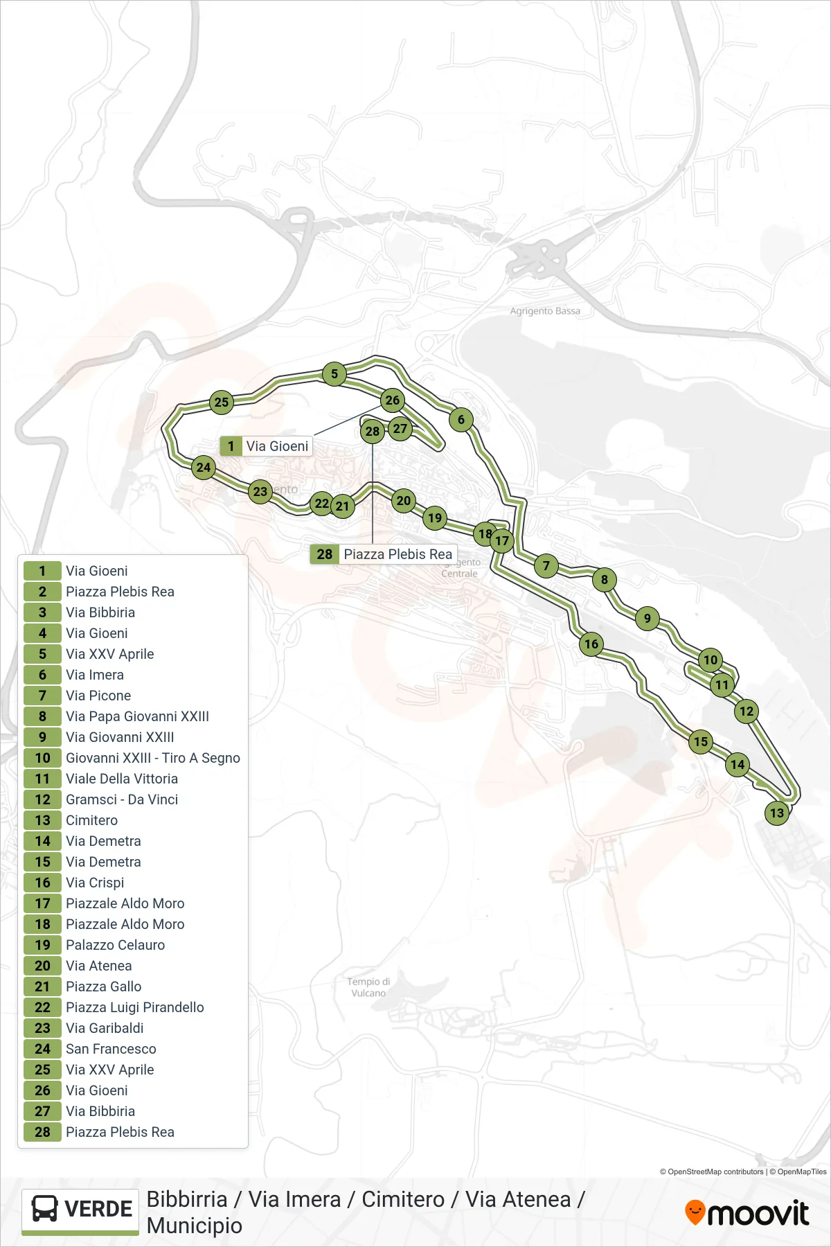 Linea VERDE bus (Bibbirria / Via Imera / Cimitero / Via Atenea / Municipio) - Percorsi e fermate sulla mappa