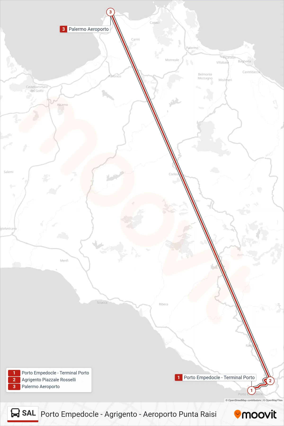 Linea SAL bus (Aeroporto Punta Raisi) - Percorsi e fermate sulla mappa