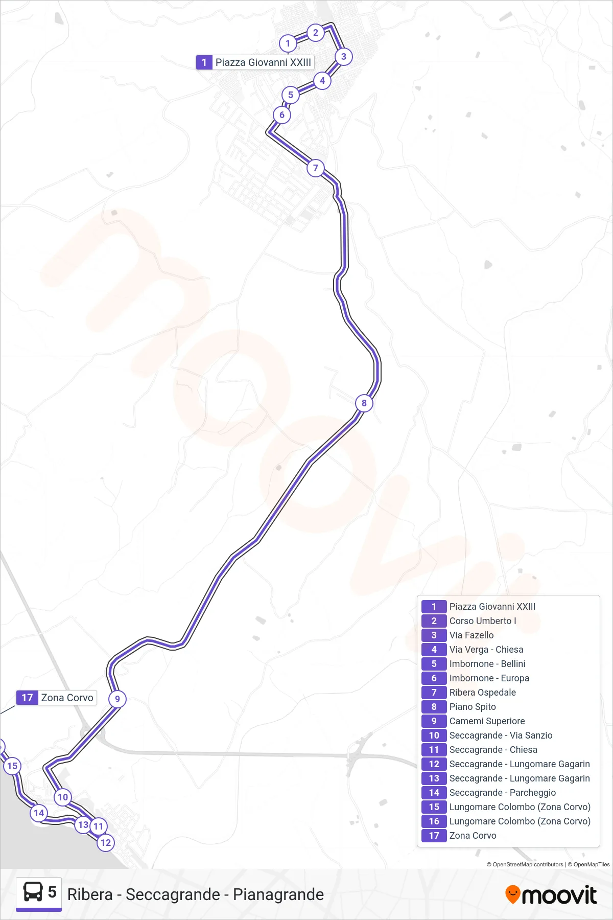 Linea 5 bus (Seccagrande - Corvo) - Percorsi e fermate sulla mappa