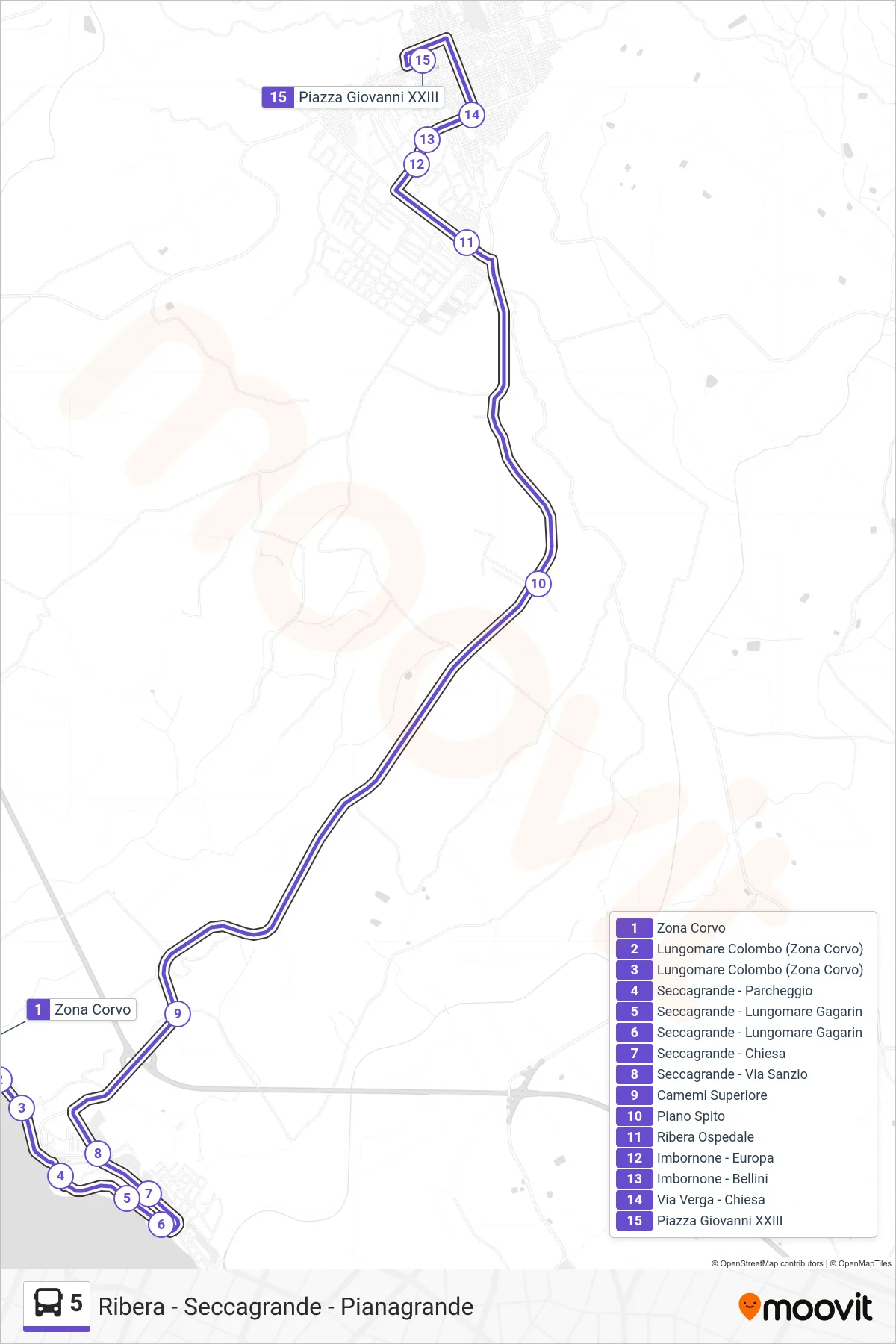 Linea 5 bus (Ribera) - Percorsi e fermate sulla mappa