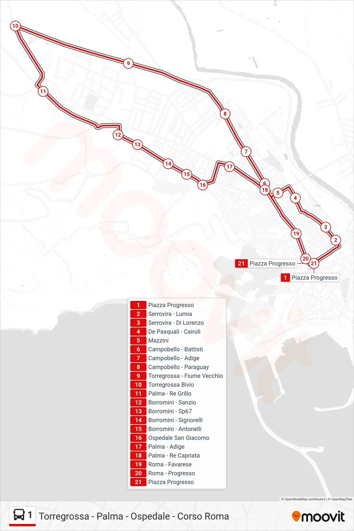 Linea 1 bus (Torregrossa - Palma - Ospedale - Corso Roma) - Percorsi e fermate sulla mappa