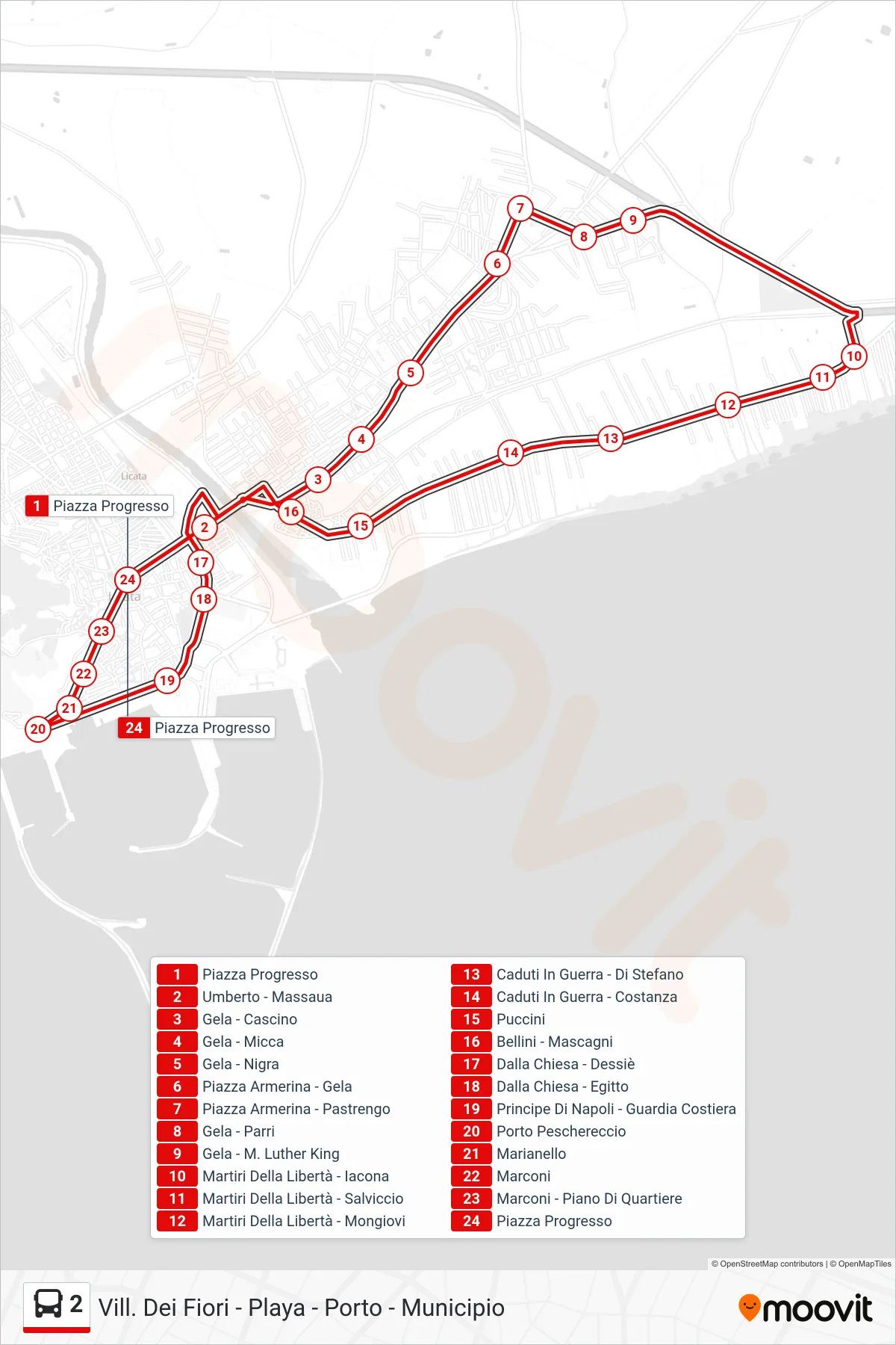 Linea 2  bus (Vill. Dei Fiori - Playa - Porto - Municipio) - Percorsi e fermate sulla mappa