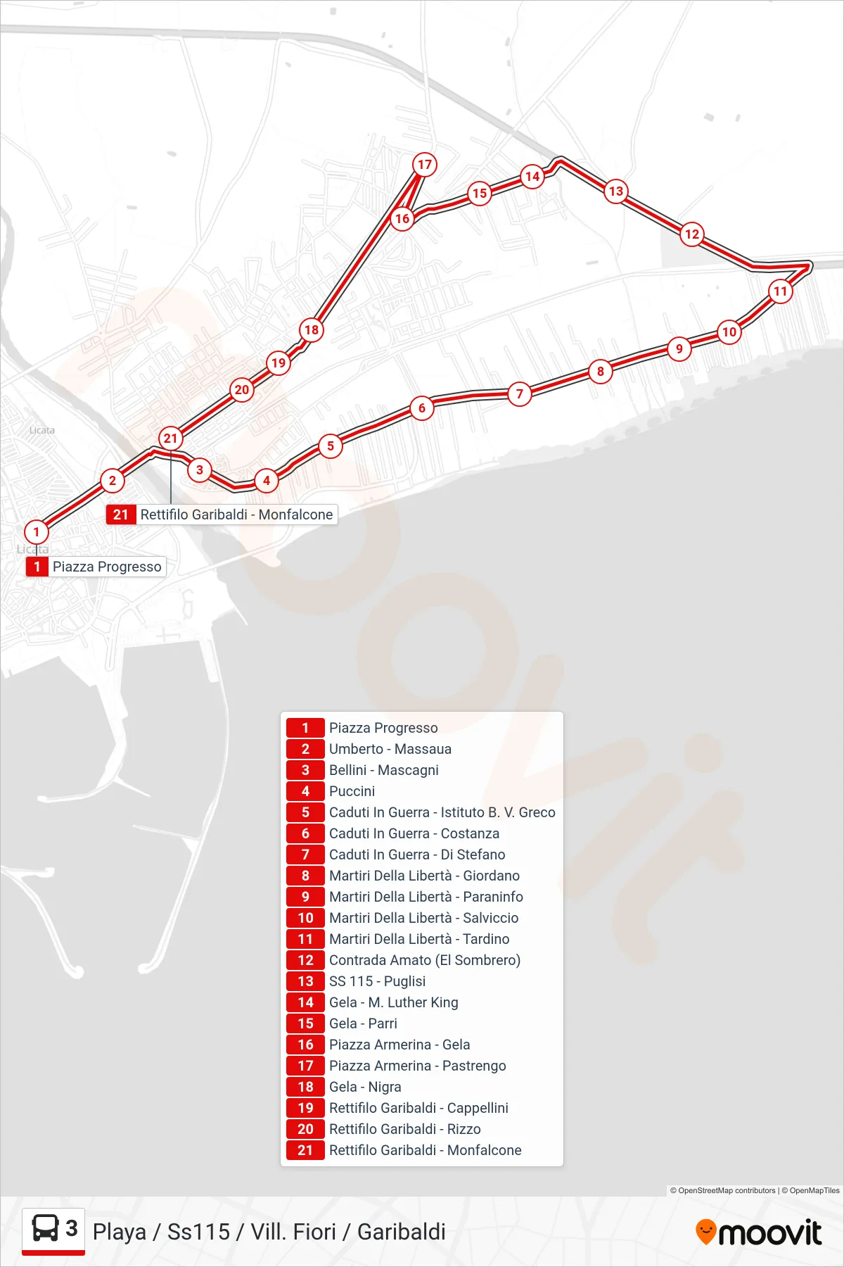 Linea 3  bus (Playa / Ss115 / Vill. Fiori / Garibaldi) - Percorsi e fermate sulla mappa
