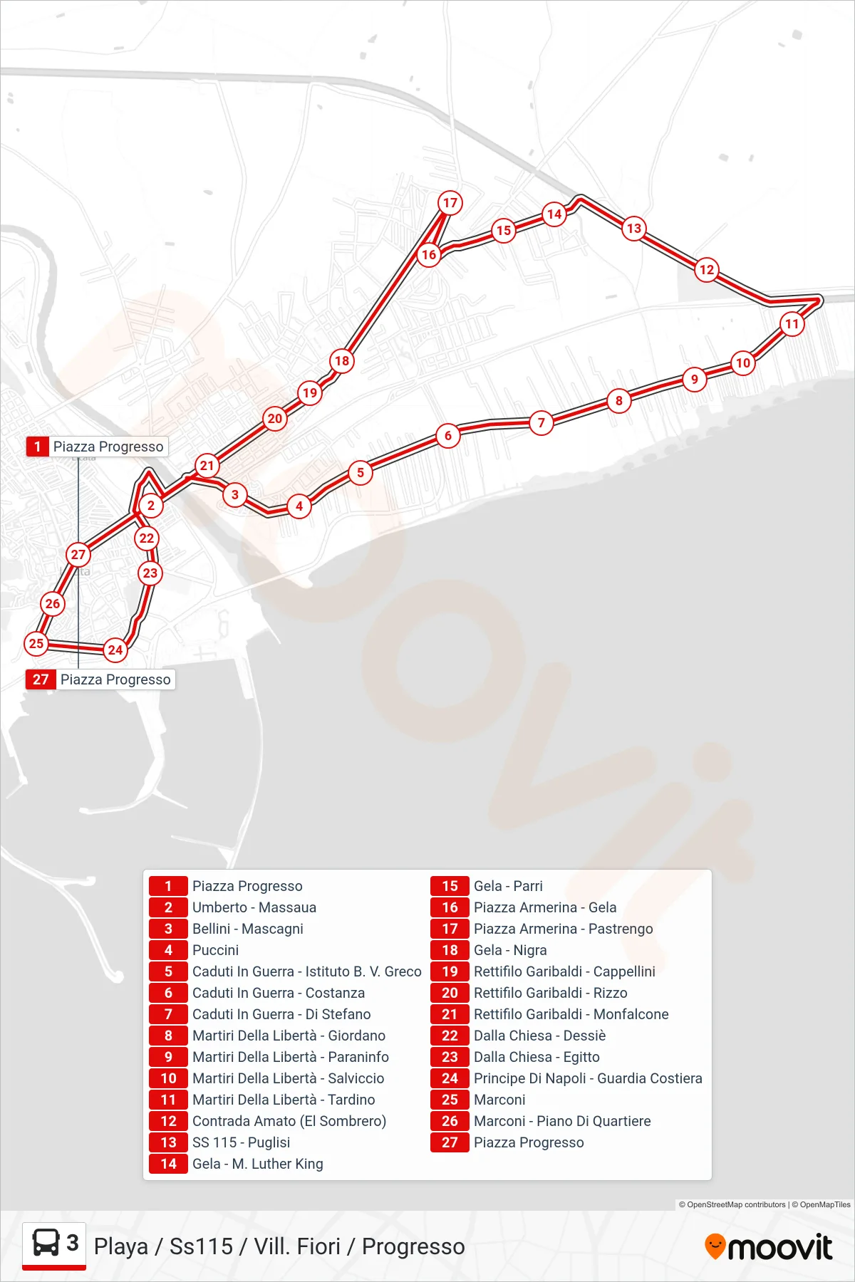 Linea 3  bus (Playa / Ss115 / Vill. Fiori / Progresso) - Percorsi e fermate sulla mappa