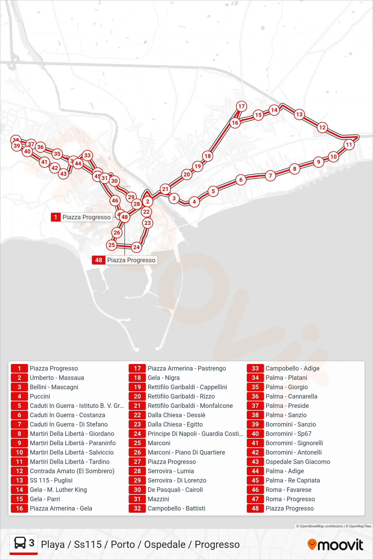 Linea 3  bus (Playa / Ss115 / Porto / Ospedale / Progresso) - Percorsi e fermate sulla mappa