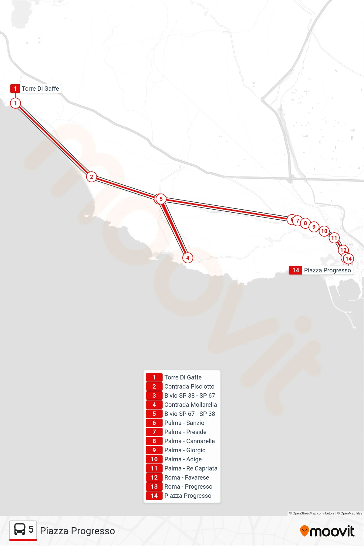 Linea 5 bus (Piazza Progresso) - Percorsi e fermate sulla mappa