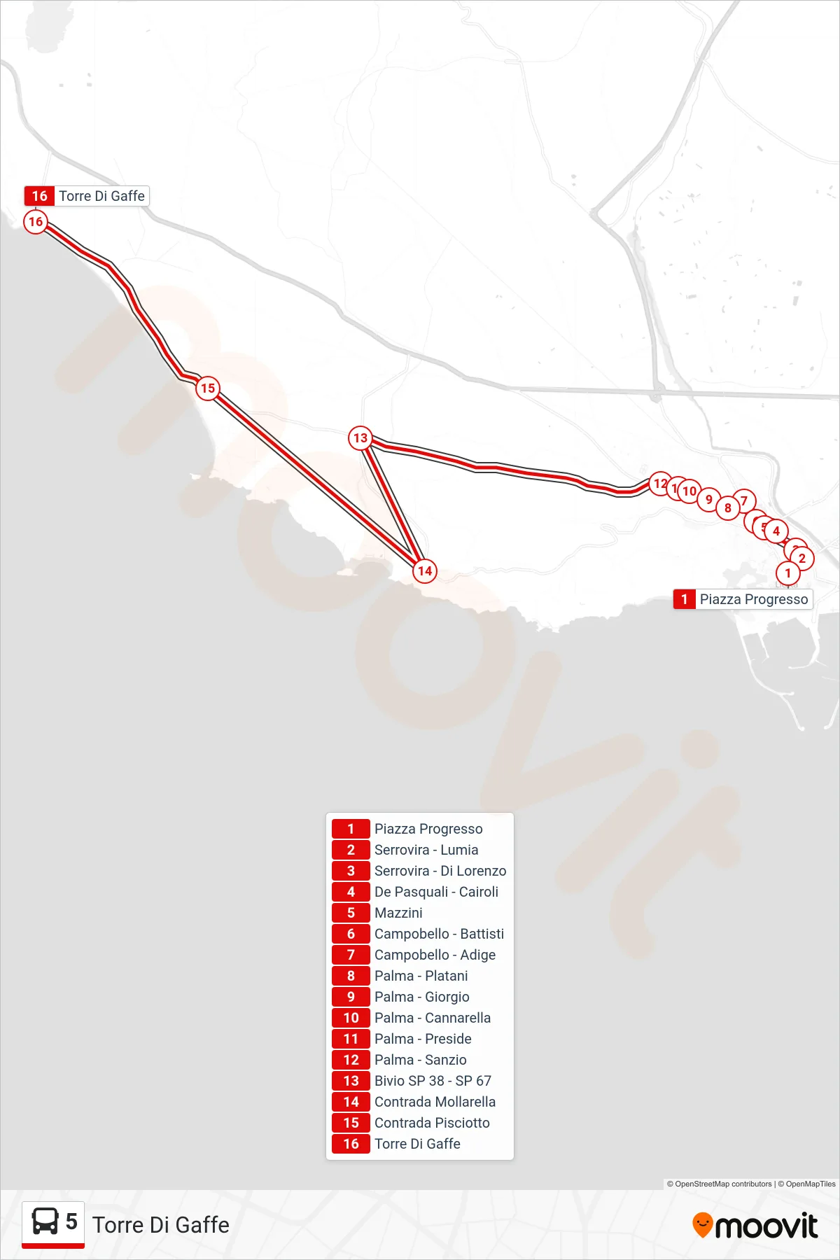 Linea 5  bus (Torre Di Gaffe) - Percorsi e fermate sulla mappa