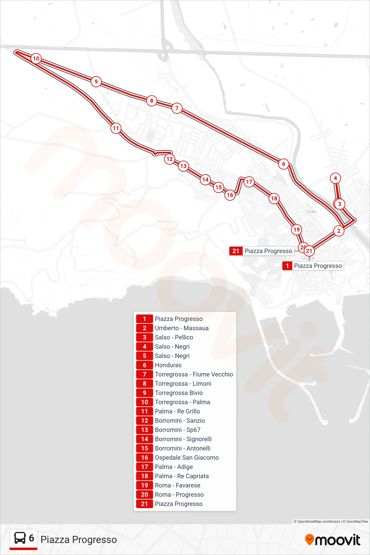 Linea 6 bus (Piazza Progresso) - Percorsi e fermate sulla mappa