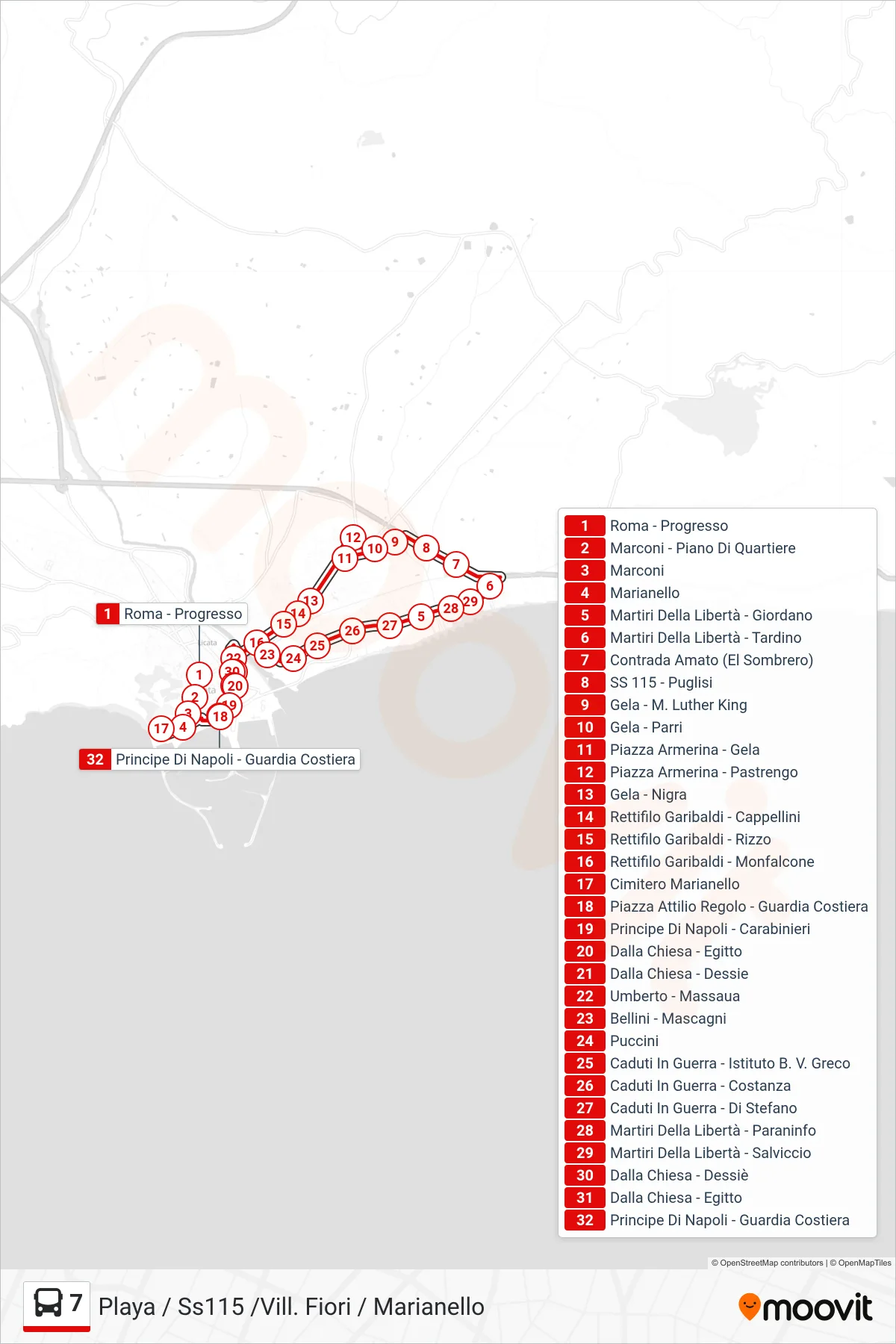 Linea 7 bus (Playa / Ss115 /Vill. Fiori / Marianello) - Percorsi e fermate sulla mappa