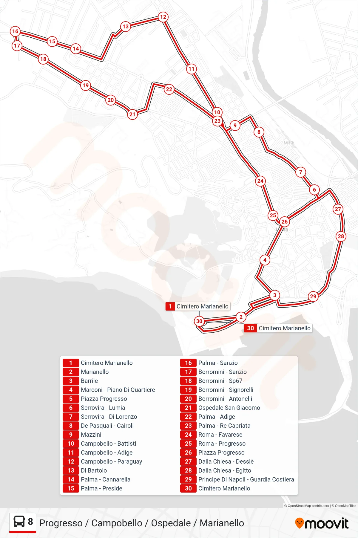 Linea 8  bus (Progresso / Campobello / Ospedale / Marianello) - Percorsi e fermate sulla mappa