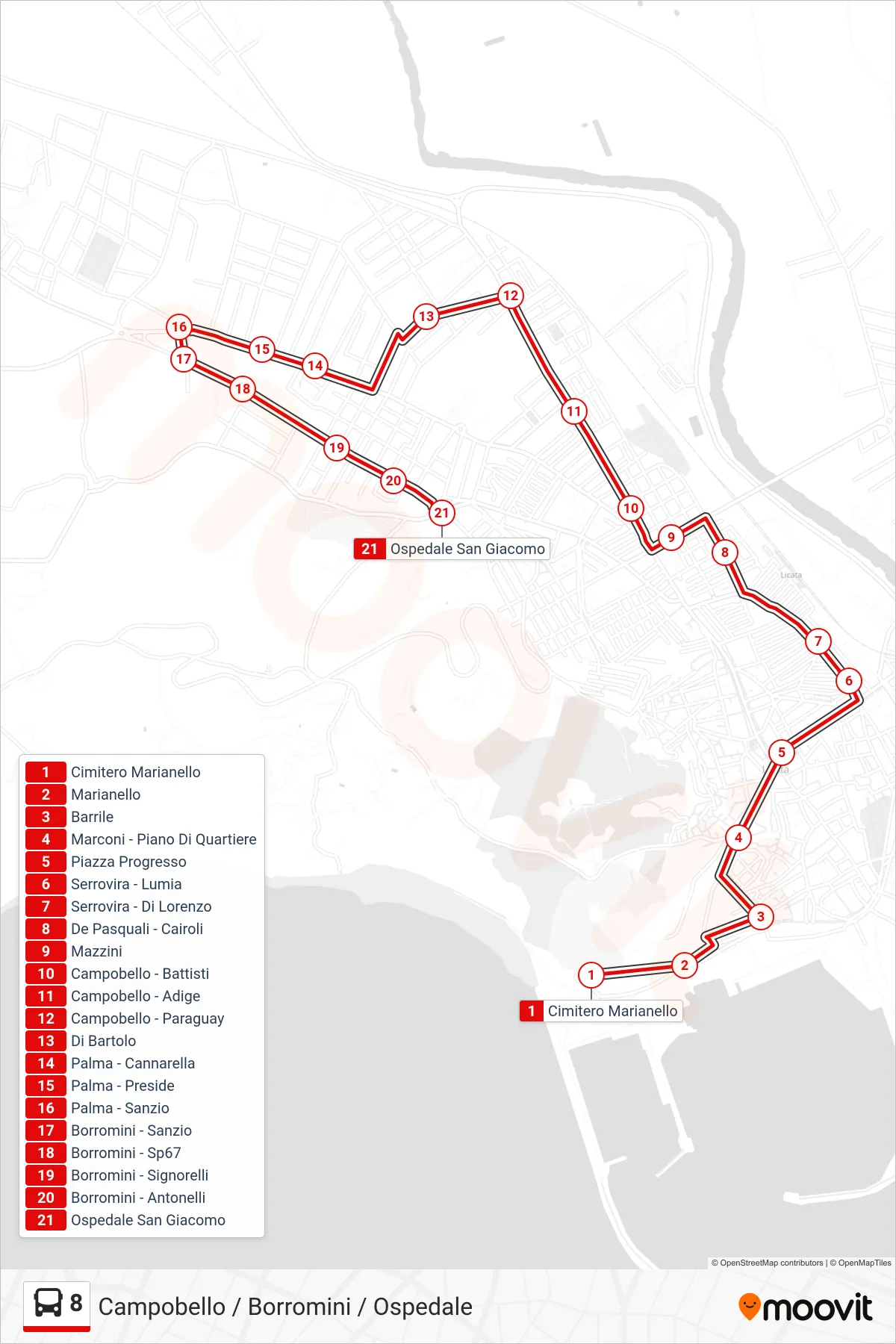 Linea 8 bus (Campobello / Borromini / Ospedale) - Percorsi e fermate sulla mappa