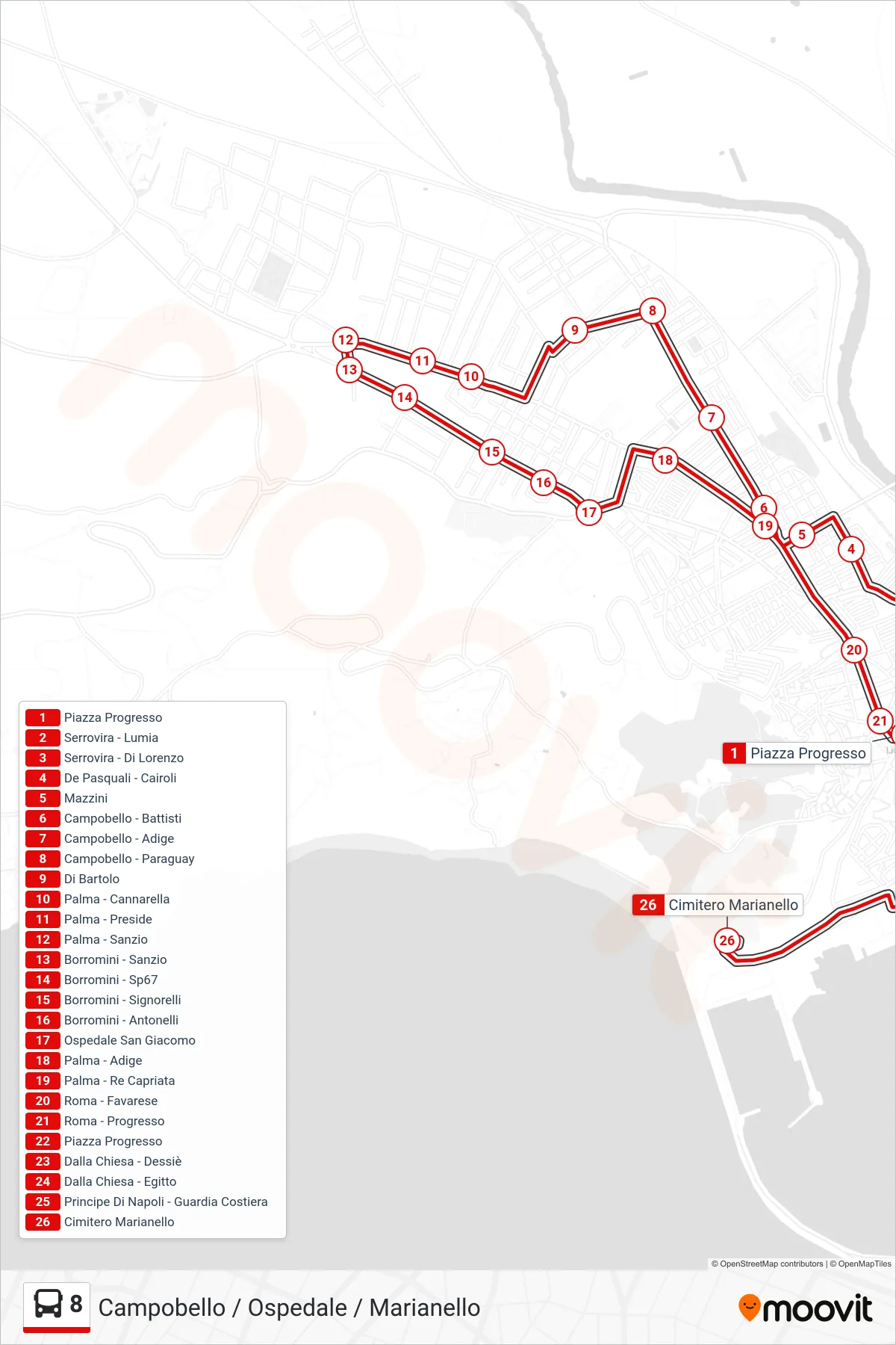 Linea 8 bus (Campobello / Ospedale / Marianello) - Percorsi e fermate sulla mappa