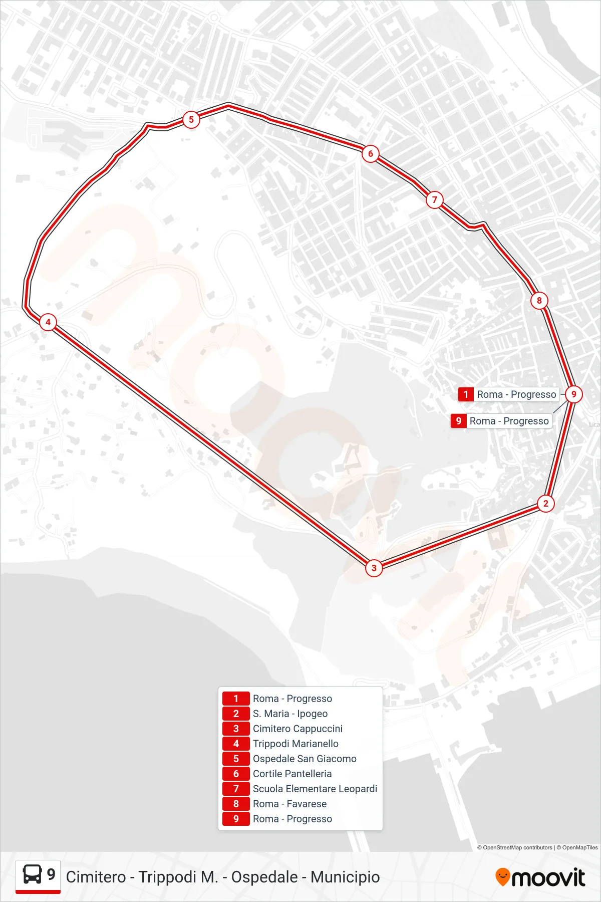 Linea 9 bus (Cimitero - Trippodi M. - Ospedale - Municipio) - Percorsi e fermate sulla mappa