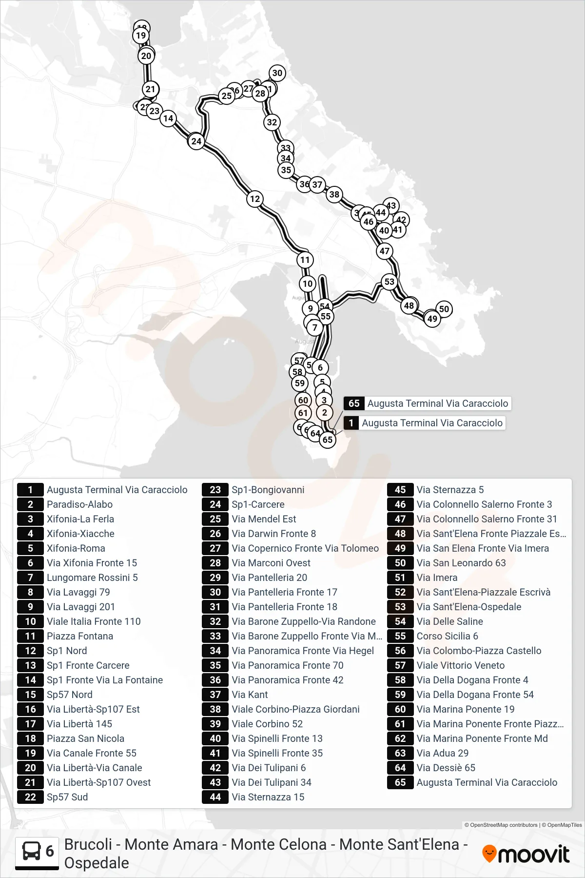 Linea 6  bus (Brucoli - Monte Amara - Monte Celona - Monte Sant'Elena - Ospedale) - Percorsi e fermate sulla mappa