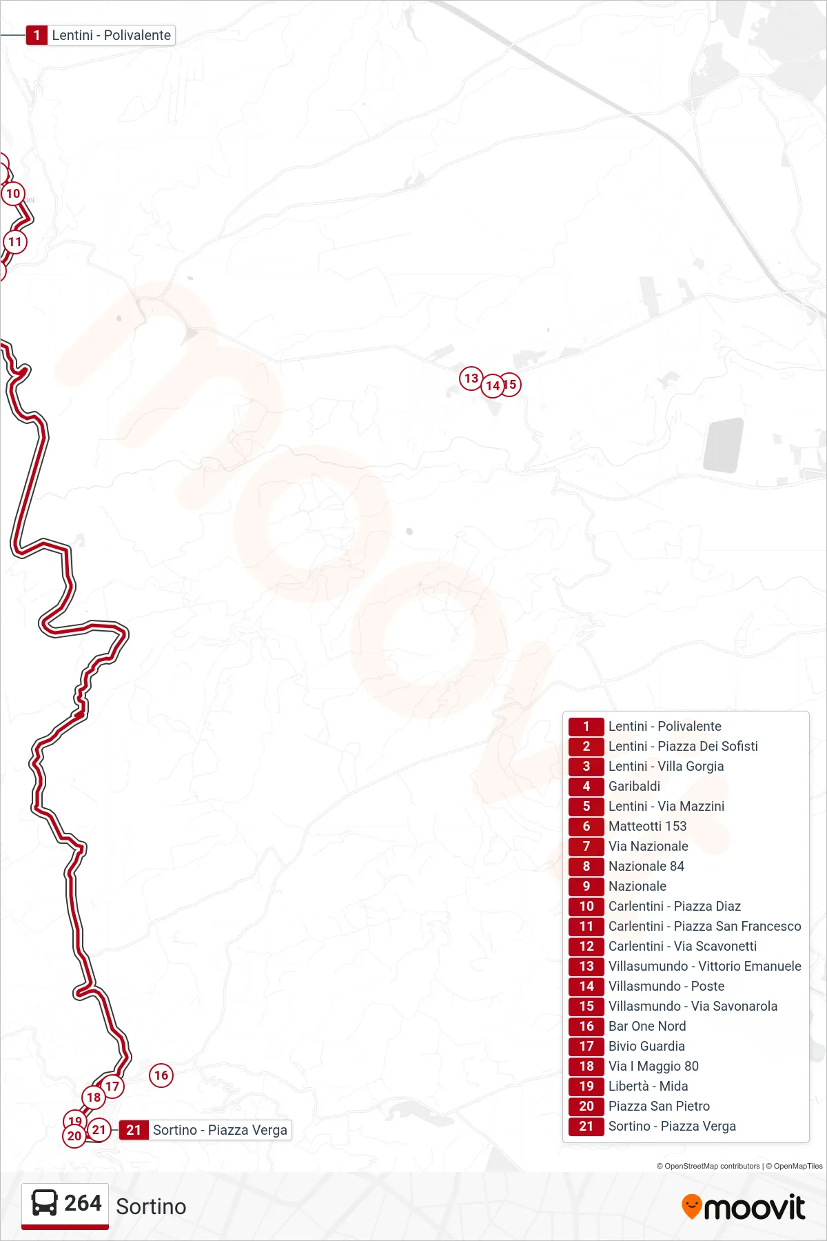 Linea 264  bus (Sortino) - Percorsi e fermate sulla mappa