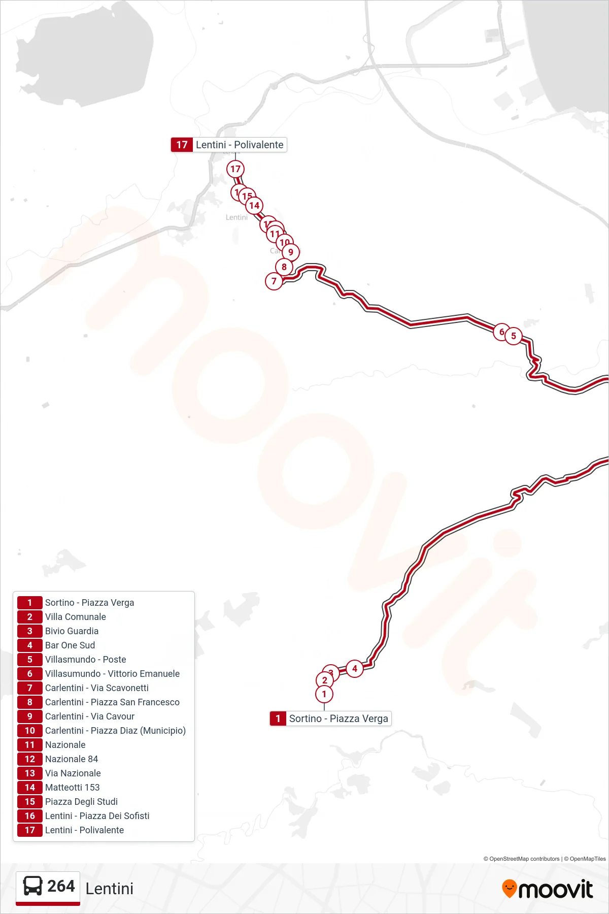 Linea 264 bus (Lentini) - Percorsi e fermate sulla mappa