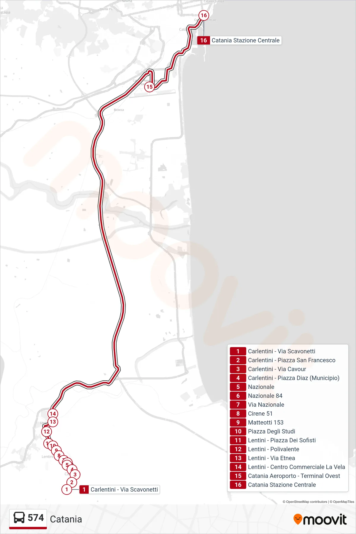 Linea 574 bus (Catania) - Percorsi e fermate sulla mappa