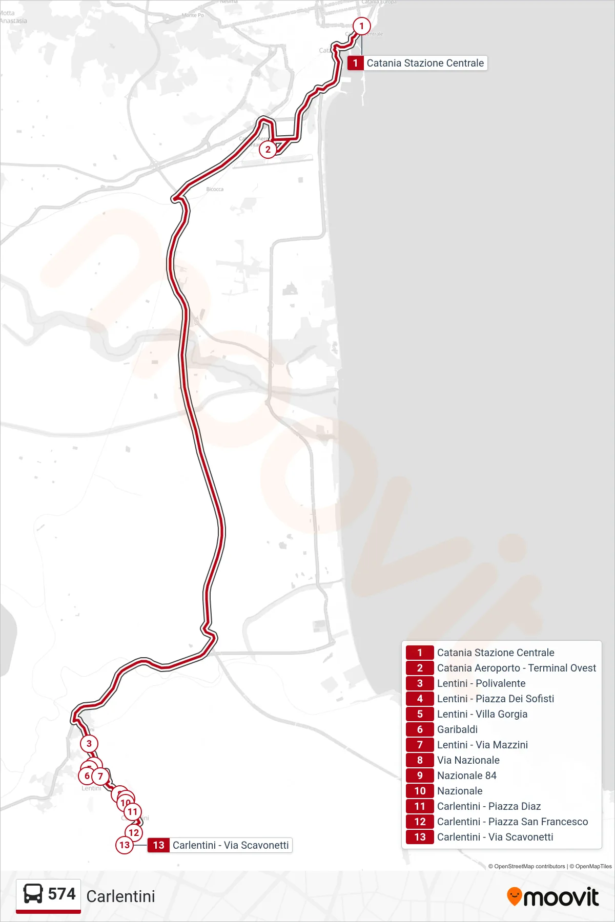 Linea 574 bus (Carlentini) - Percorsi e fermate sulla mappa