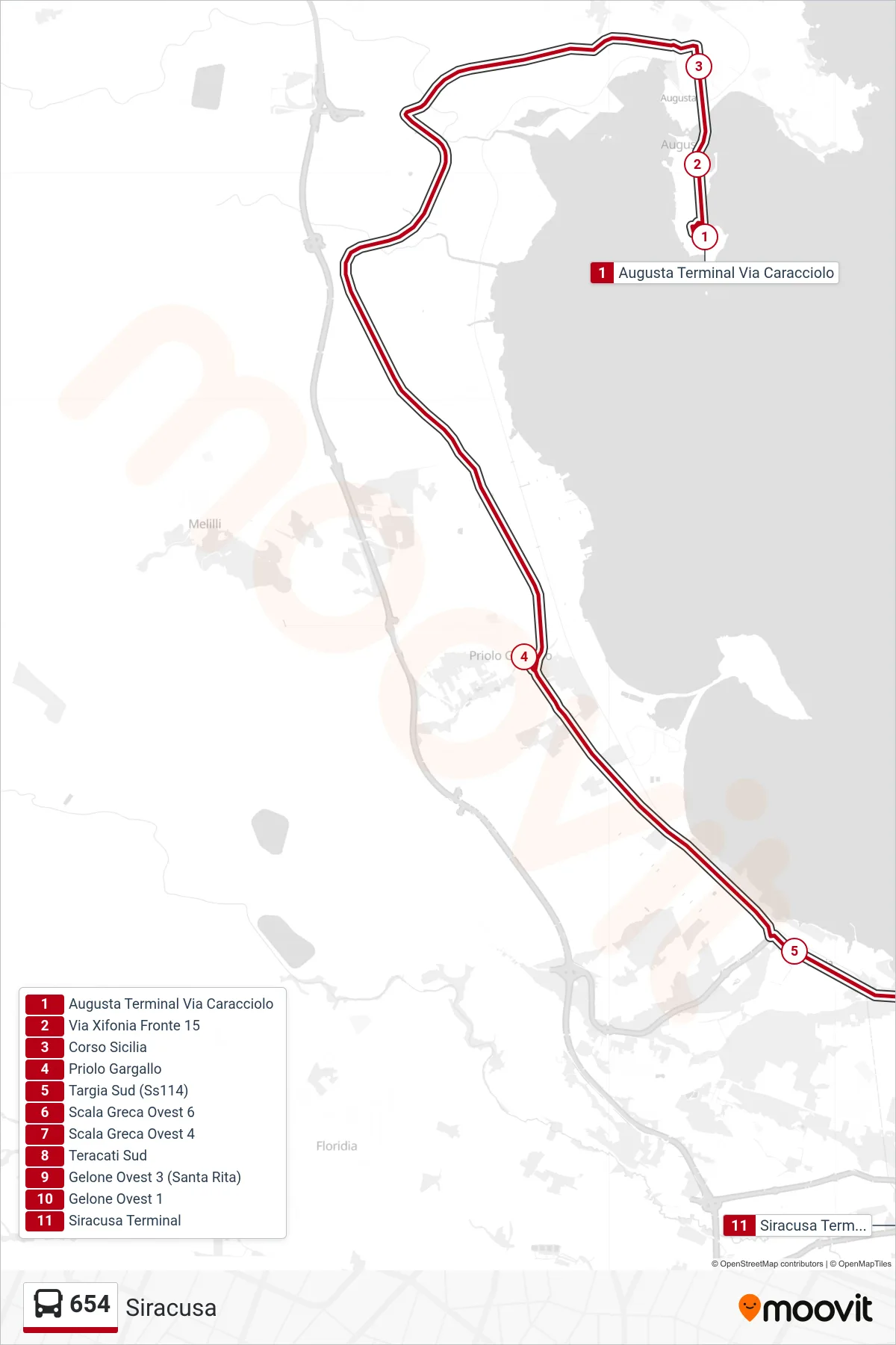 Linea 654  bus (Siracusa) - Percorsi e fermate sulla mappa