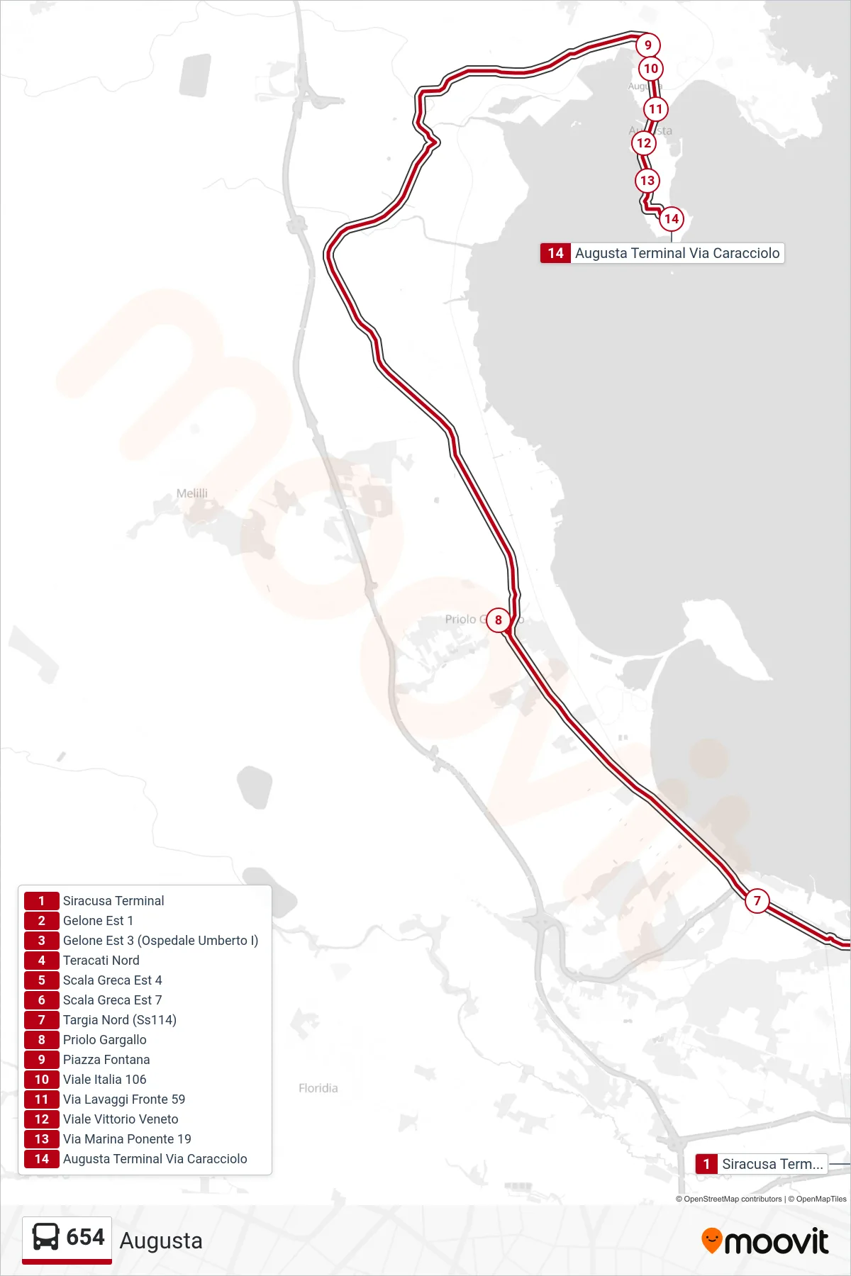 Linea 654 bus (Augusta) - Percorsi e fermate sulla mappa