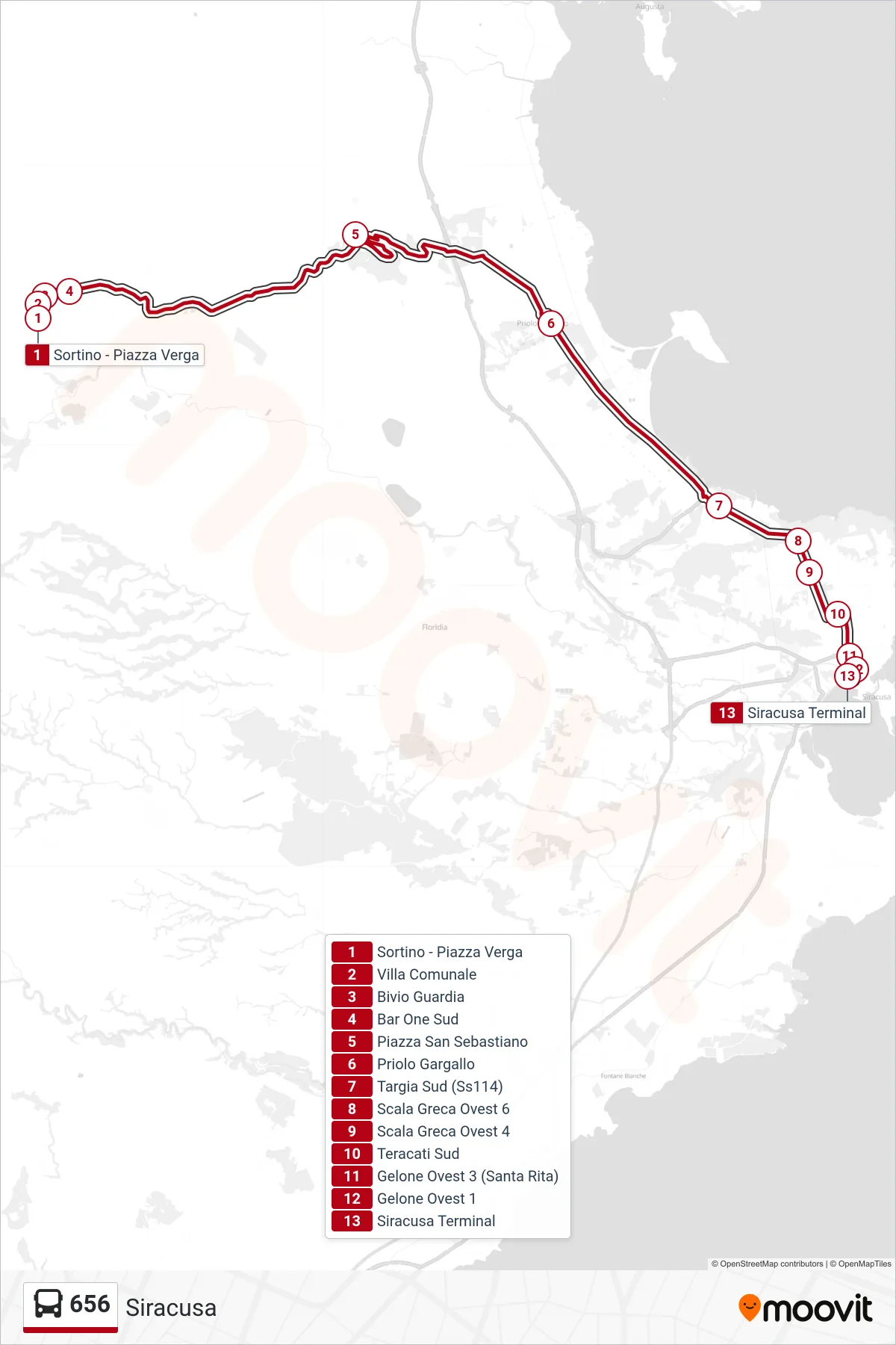 Linea 656  bus (Siracusa) - Percorsi e fermate sulla mappa