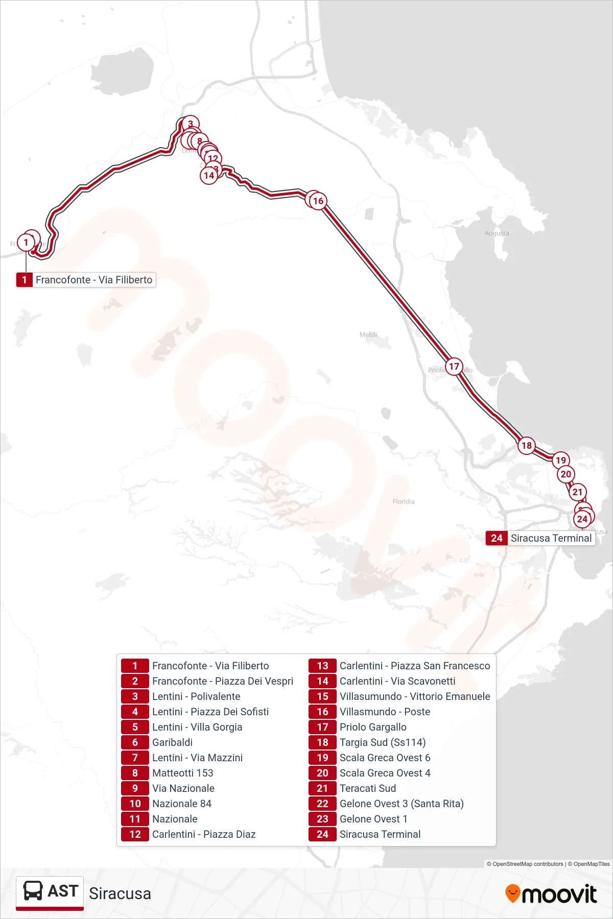 Linea AST bus (Siracusa) - Percorsi e fermate sulla mappa
