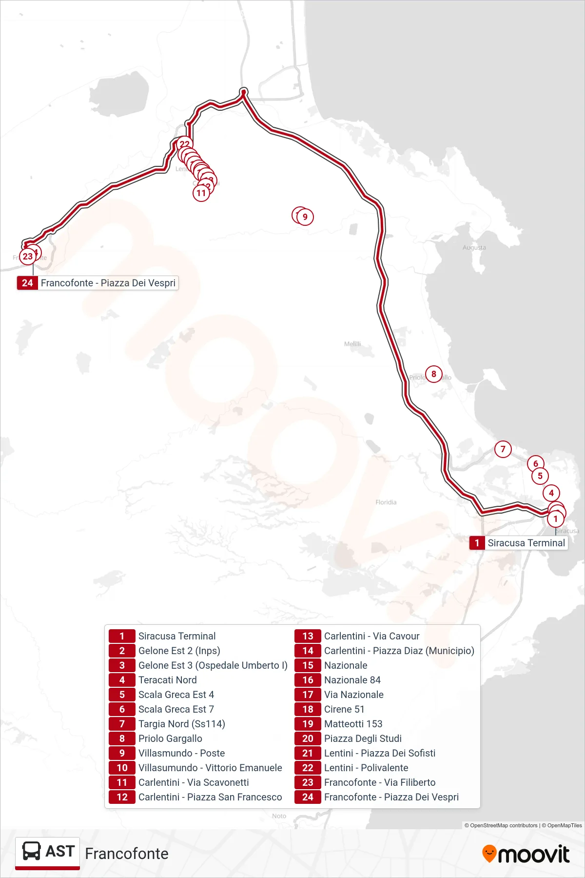 Linea AST bus (Francofonte) - Percorsi e fermate sulla mappa