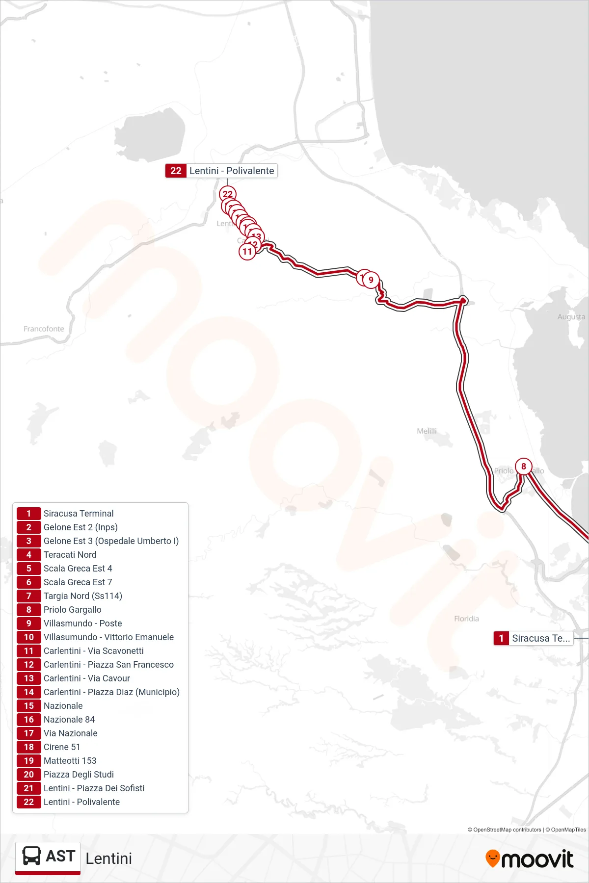 Linea AST  bus (Lentini) - Percorsi e fermate sulla mappa
