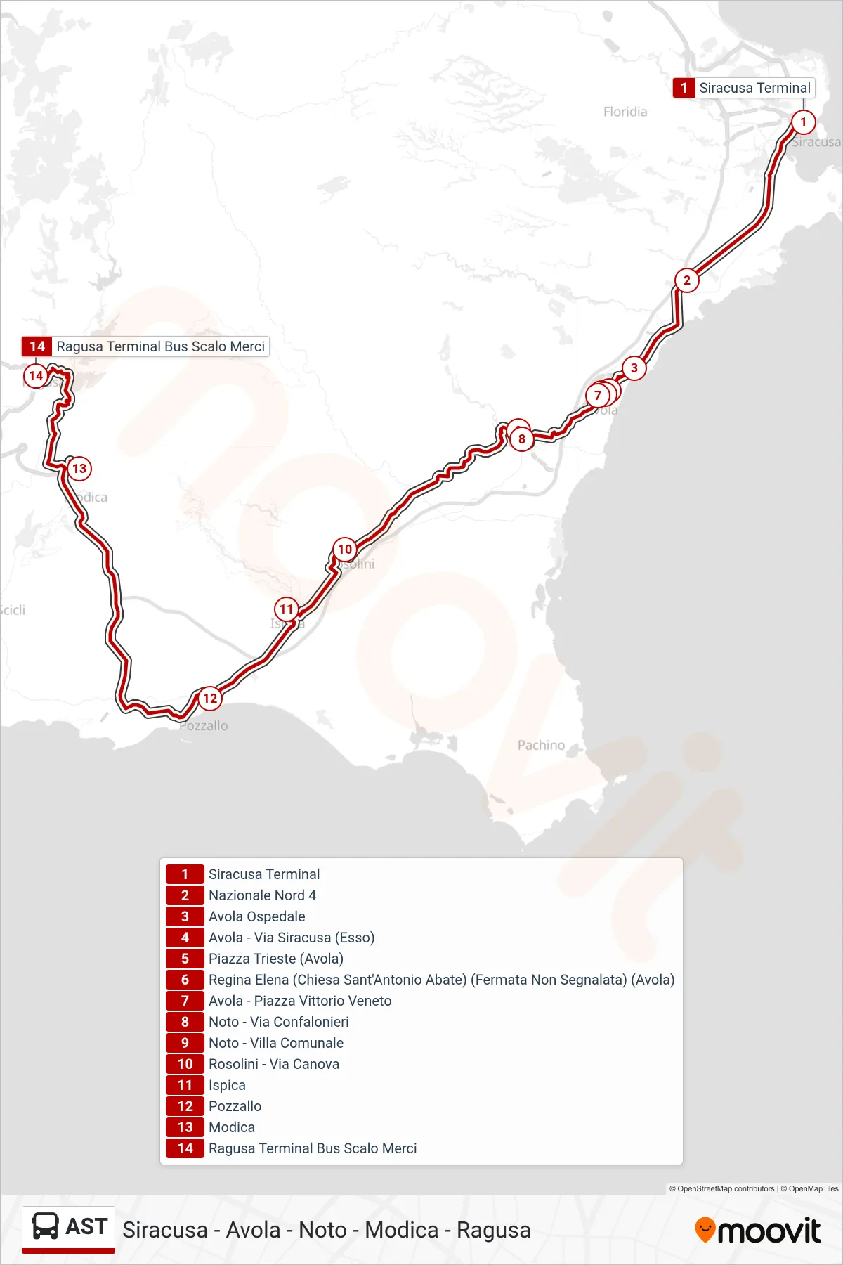 Linea AST  bus (Ragusa) - Percorsi e fermate sulla mappa