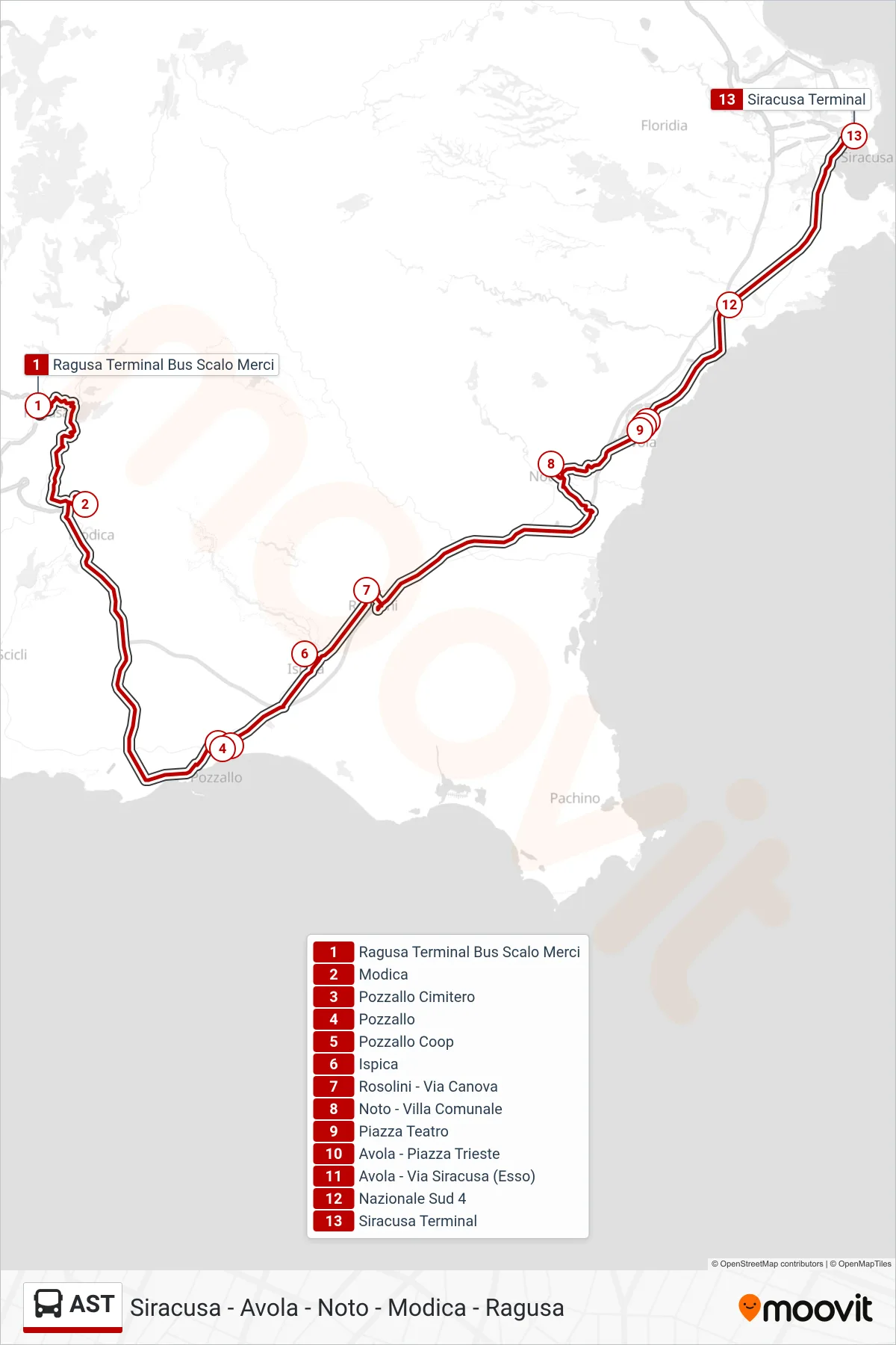 Linea AST bus (Siracusa) - Percorsi e fermate sulla mappa