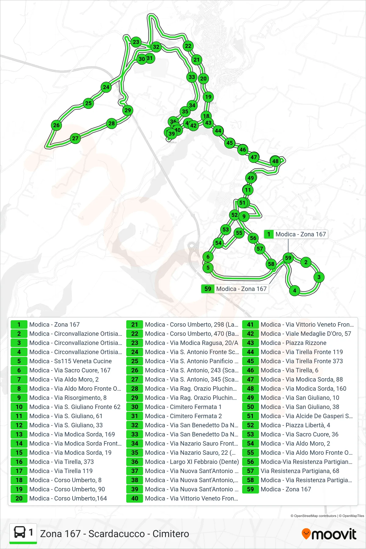 Linea 1 bus (Zona 167 - Ospedale - Borsellino - Cimitero - Dente - Ospedale - Zona 167) - Percorsi e fermate sulla mappa