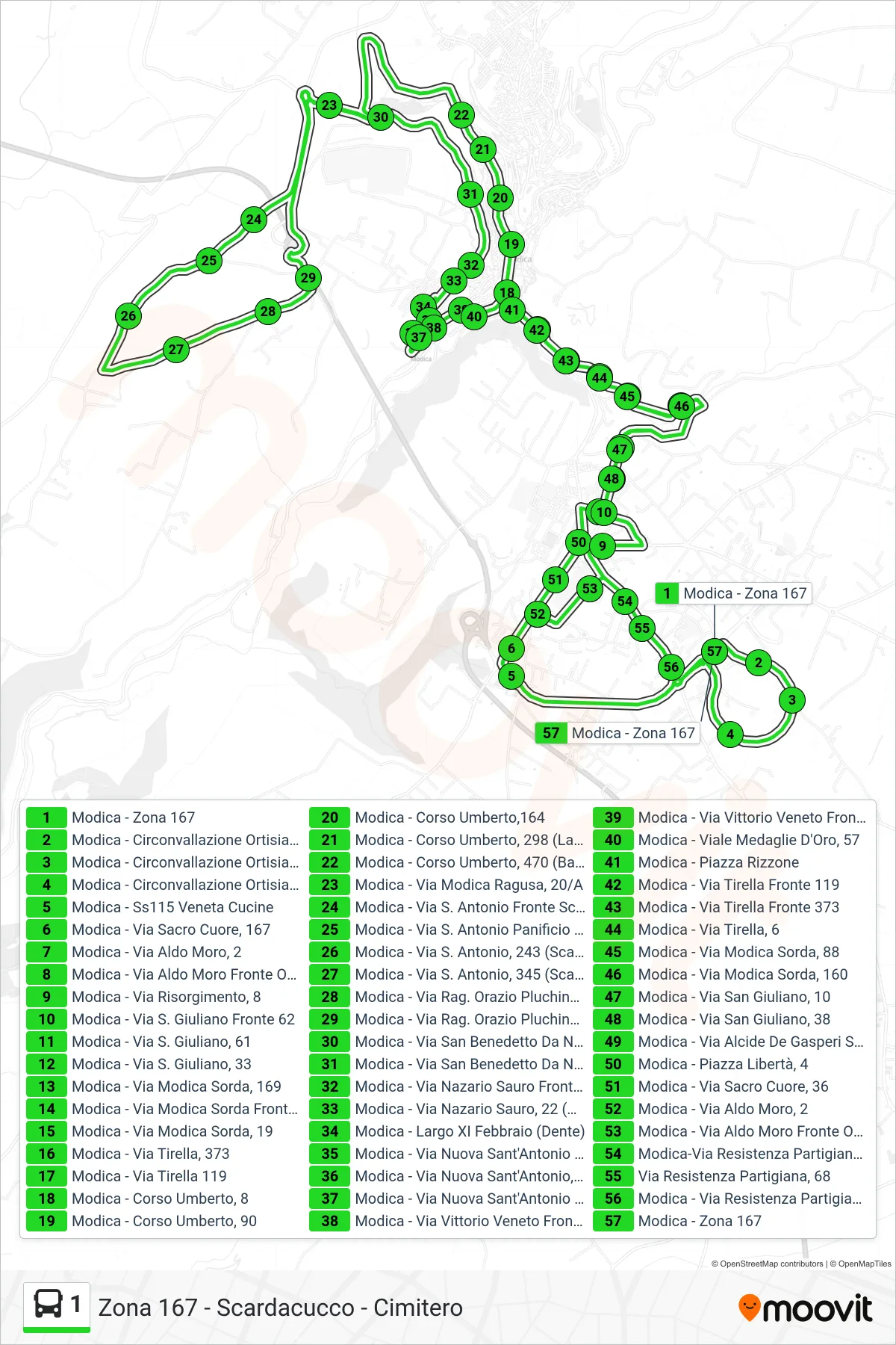 Linea 1  bus (Zona 167 - Ospedale - Borsellino - Dente - Ospedale - Zona 167) - Percorsi e fermate sulla mappa