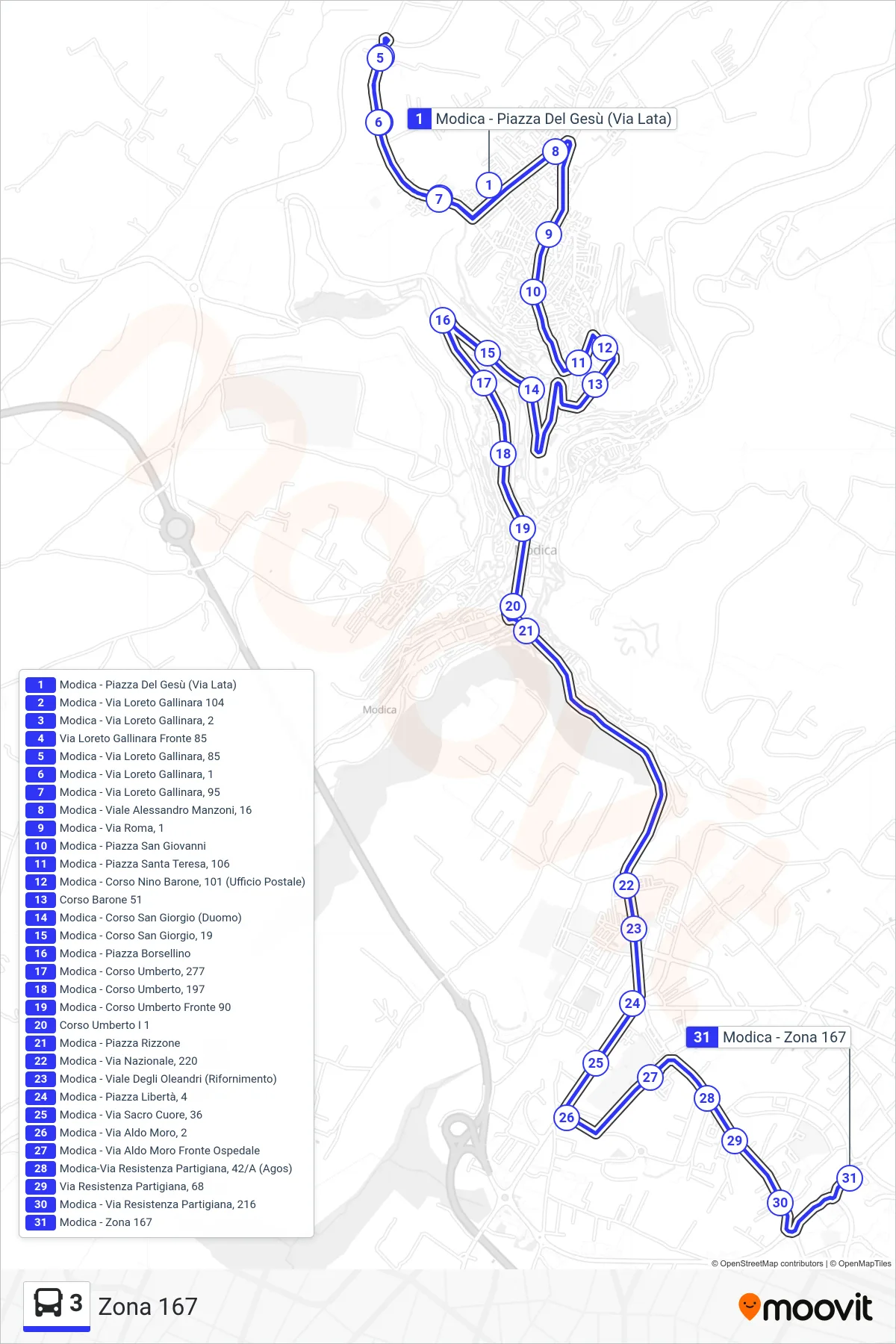 Linea 3 bus (Zona 167) - Percorsi e fermate sulla mappa
