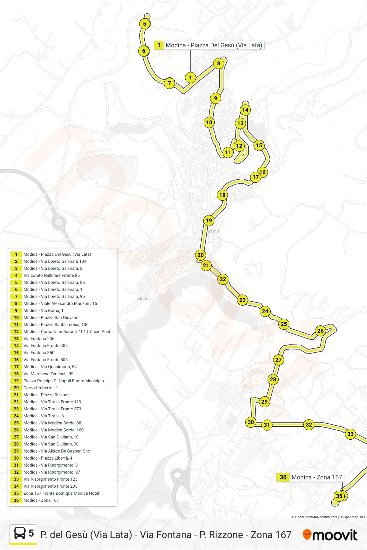 Linea 5 bus (P. del Gesù (Via Lata) - Via Fontana - P. Rizzone - Zona 167) - Percorsi e fermate sulla mappa
