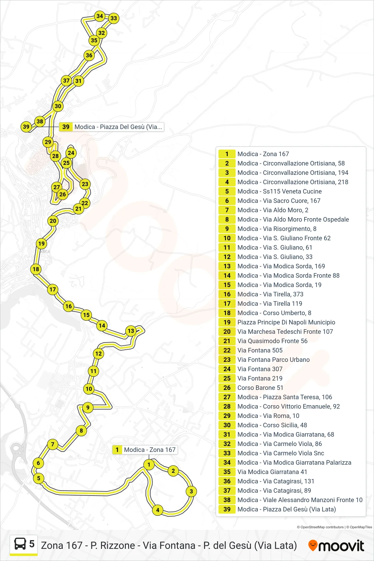 Linea 5 bus (Zona 167 - P. Rizzone - Via Fontana - P. del Gesù (Via Lata)) - Percorsi e fermate sulla mappa
