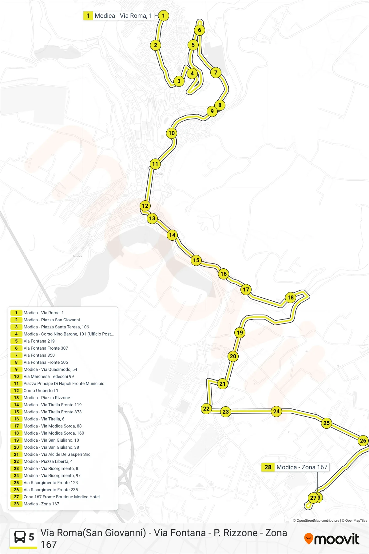 Linea 5  bus (Via Roma(San Giovanni) - Via Fontana - P. Rizzone - Zona 167) - Percorsi e fermate sulla mappa
