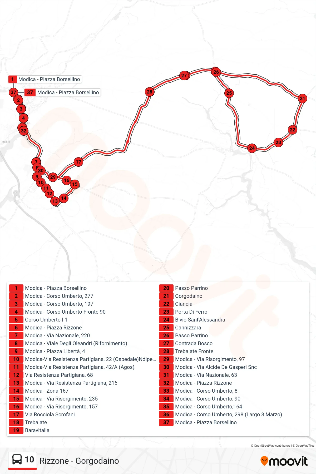 Linea 10  bus (P.le Borsellino - P. Rizzone - Gorgodaino - P. Rizzone) - Percorsi e fermate sulla mappa