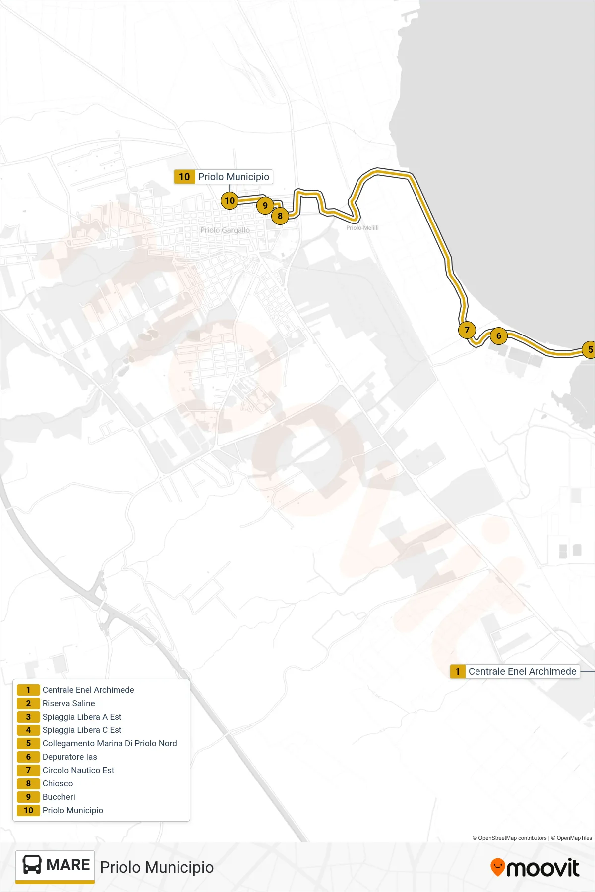 Linea MARE  bus (Priolo Municipio) - Percorsi e fermate sulla mappa