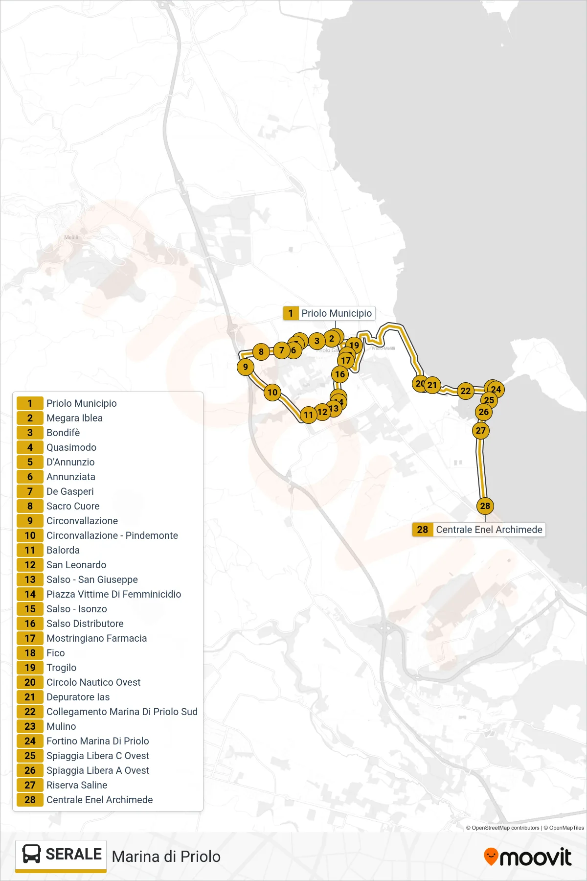 Linea SERALE  bus (Marina di Priolo) - Percorsi e fermate sulla mappa