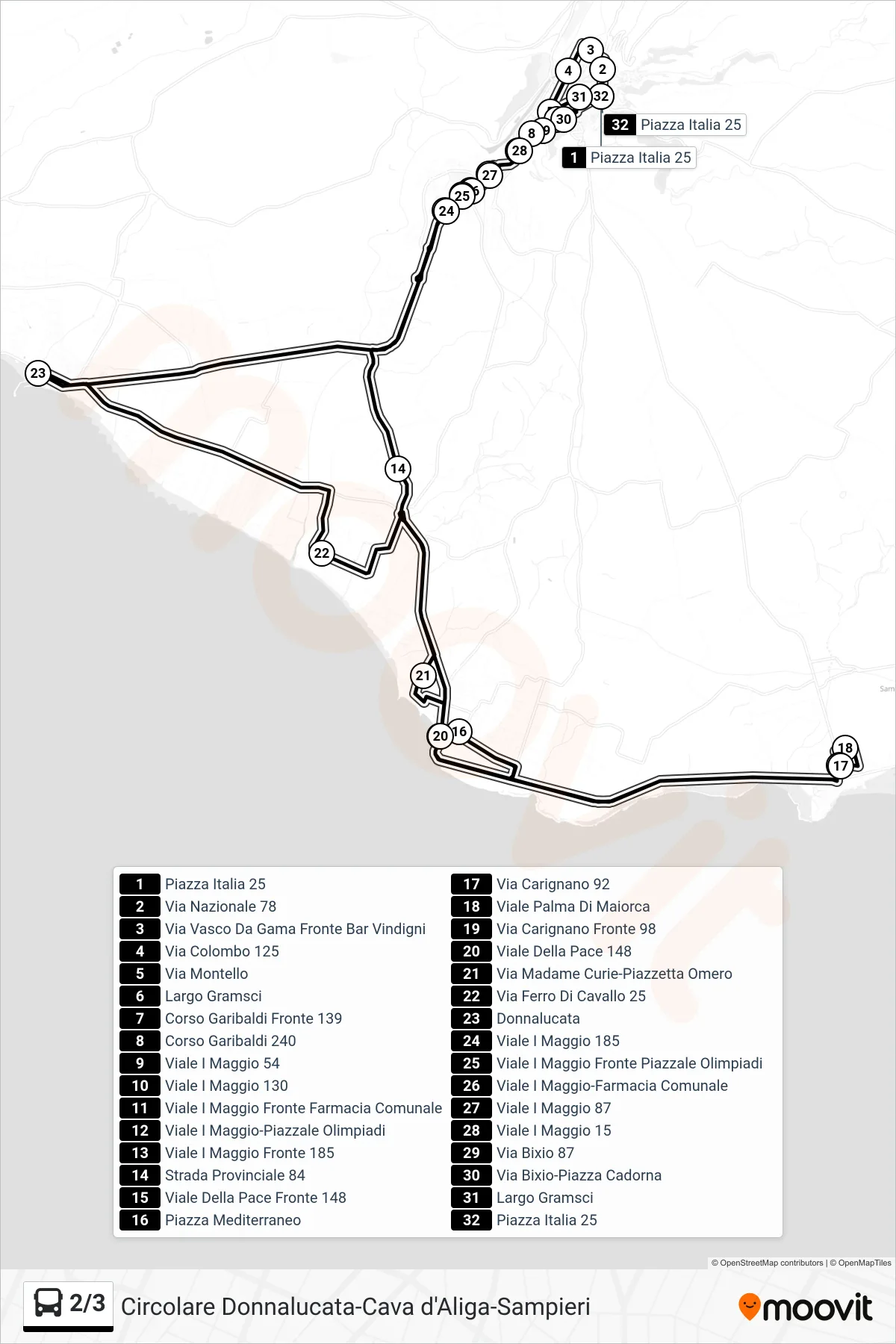 Linea 2/3  bus (Cava d'Aliga - Sampieri - Donnalucata) - Percorsi e fermate sulla mappa