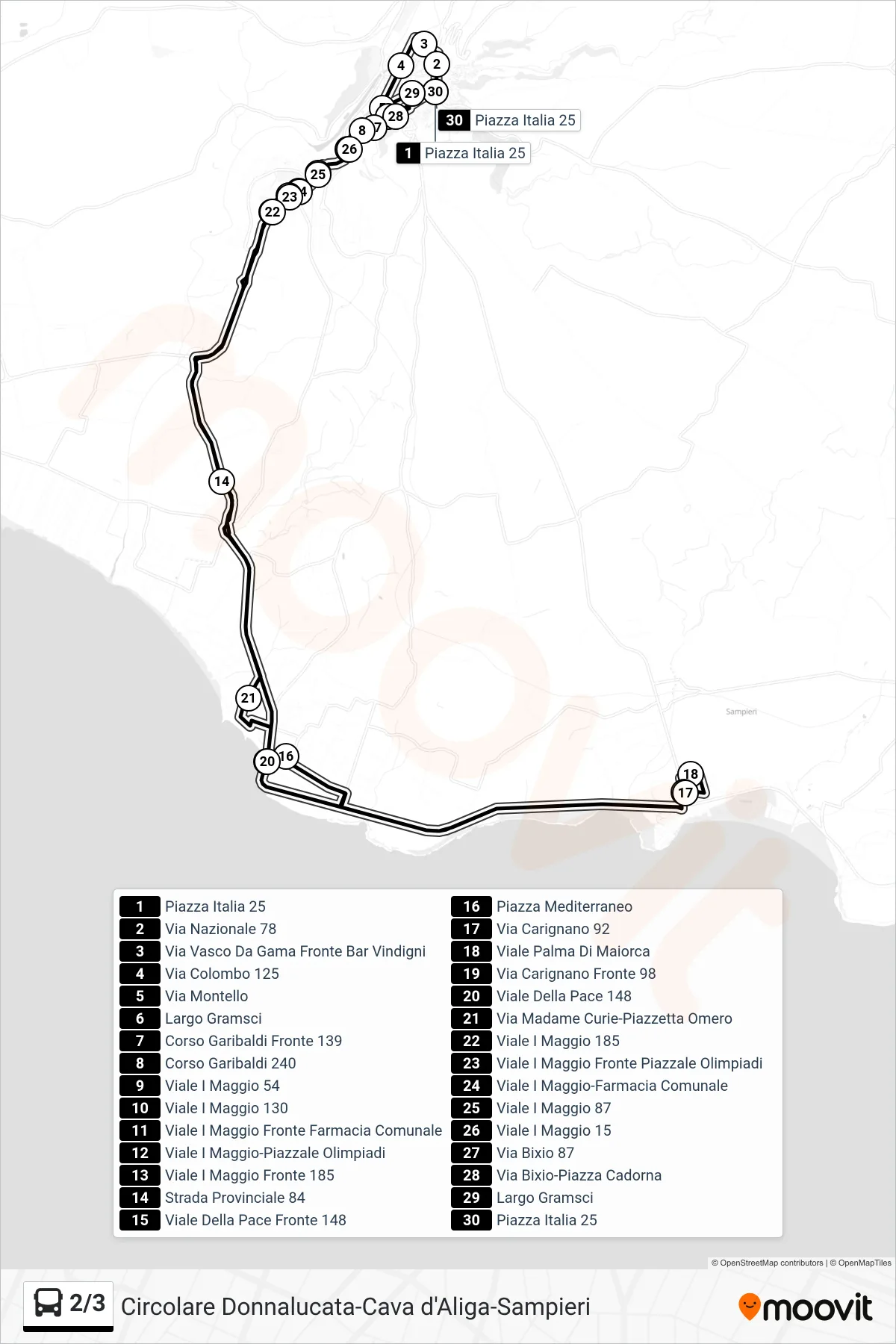 Linea 2/3 bus (Cava d'Aliga - Sampieri) - Percorsi e fermate sulla mappa