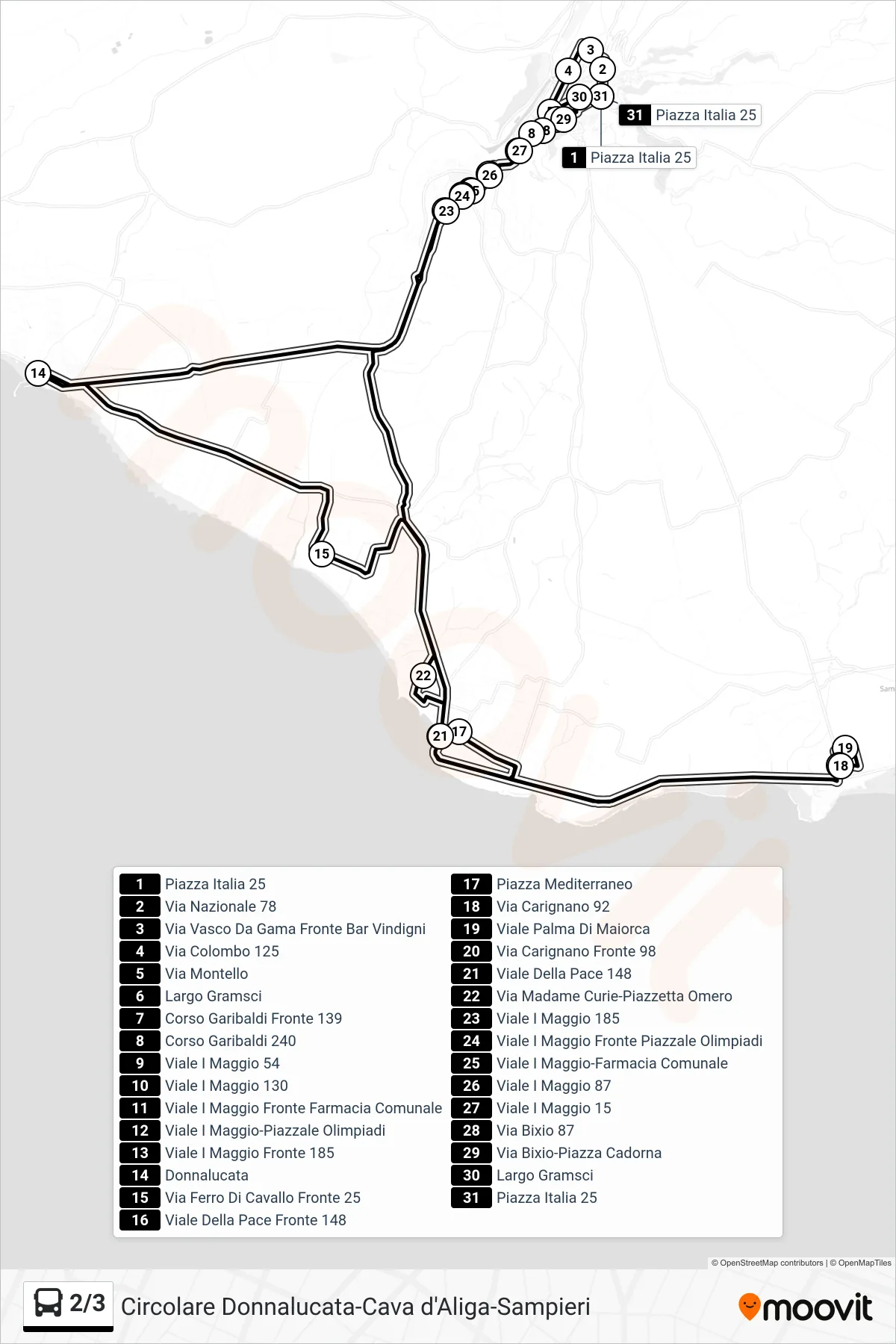 Linea 2/3 bus (Donnalucata - Cava d'Aliga - Sampieri) - Percorsi e fermate sulla mappa