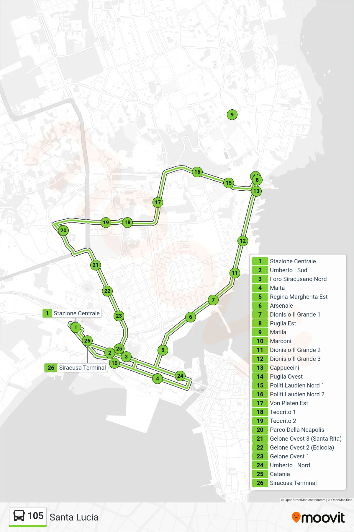 Linea 105  bus (Santa Lucia) - Percorsi e fermate sulla mappa