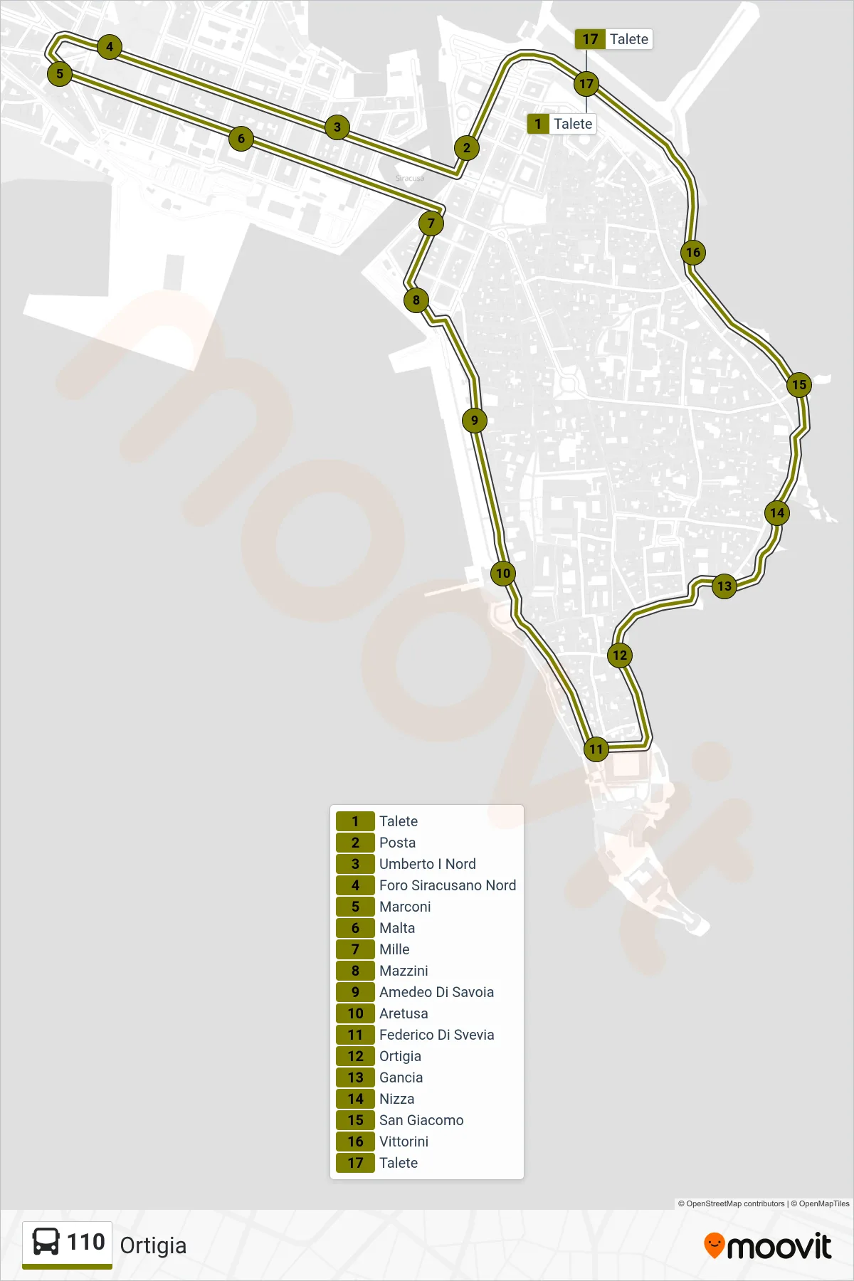 Linea 110 bus (Ortigia) - Percorsi e fermate sulla mappa