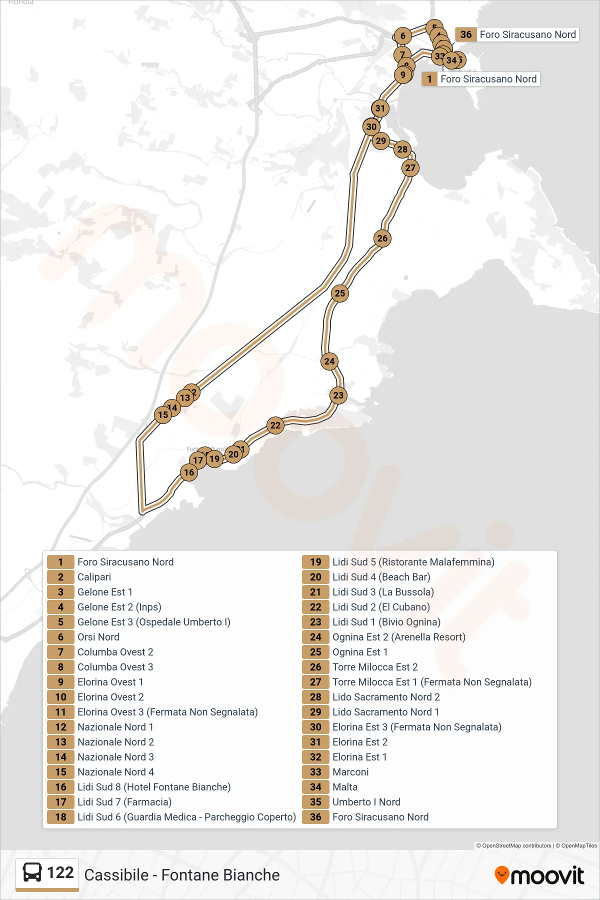 Linea 122  bus (Cassibile - Fontane Bianche) - Percorsi e fermate sulla mappa
