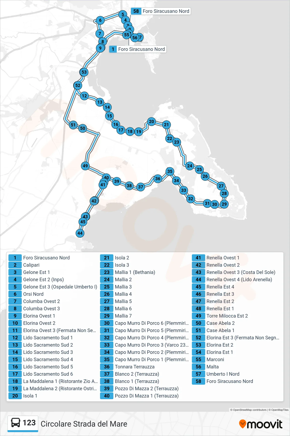 Linea 123  bus (Isola Plemmirio Arenella) - Percorsi e fermate sulla mappa