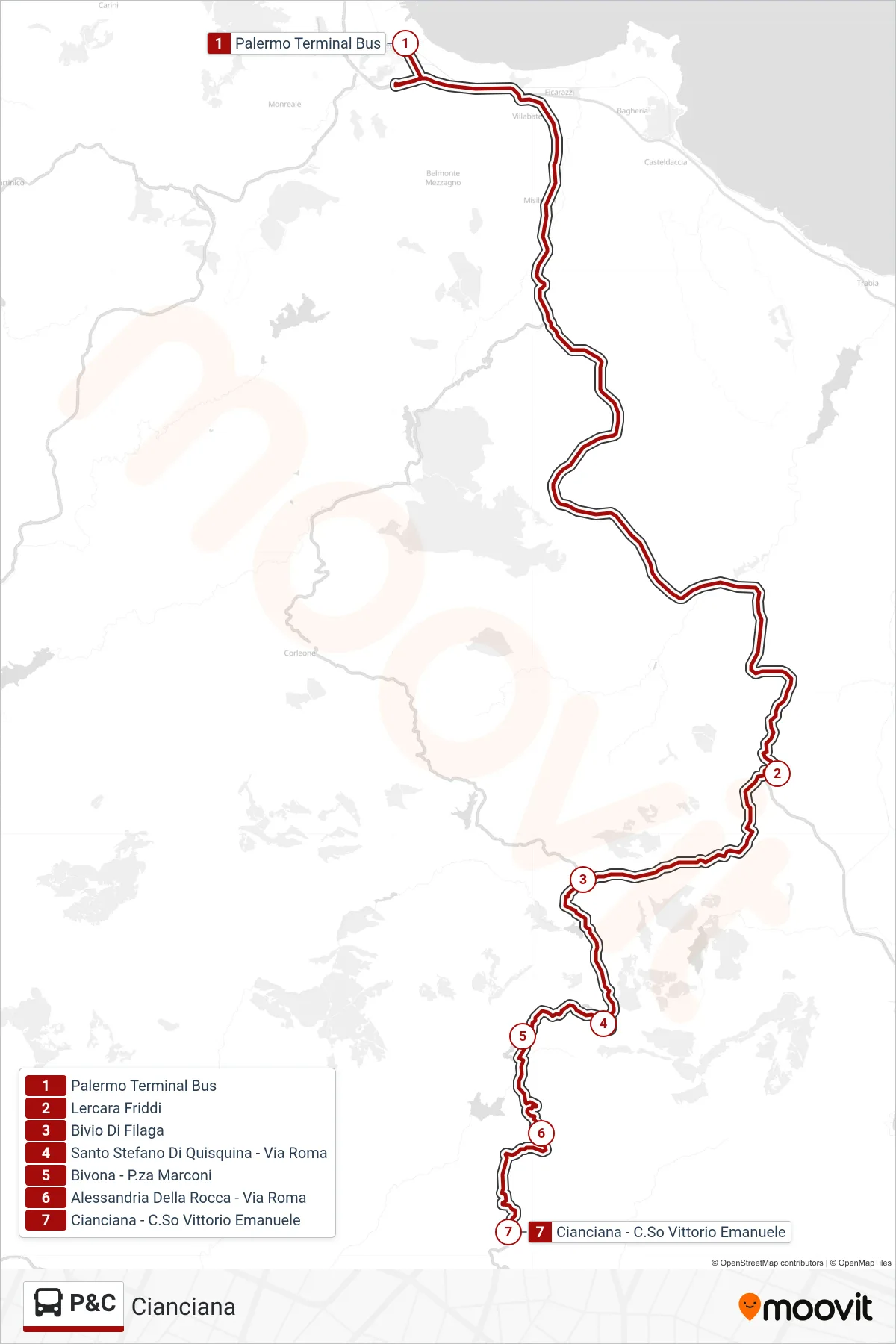 Linea P&C bus (Cianciana) - Percorsi e fermate sulla mappa